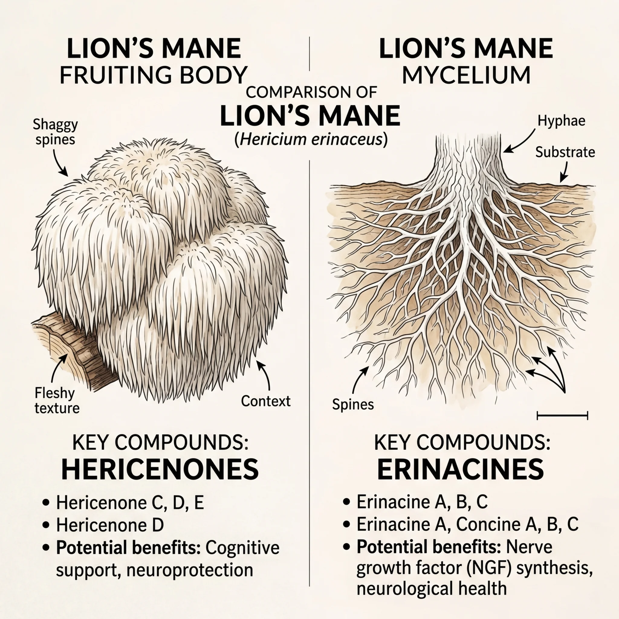 Side by side comparison of lion's mane fruiting body and mycelium with their key bioactive compounds labeled