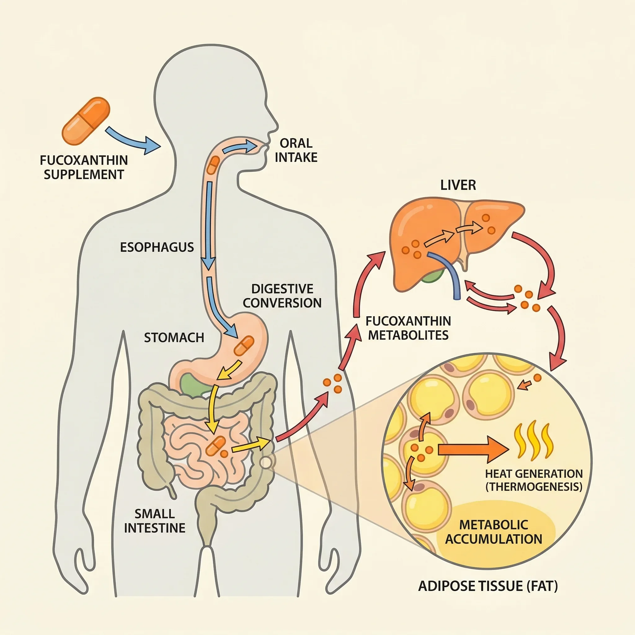 Diagram showing how fucoxanthin influences fat metabolism through UCP1 activation and lipid pathway regulation