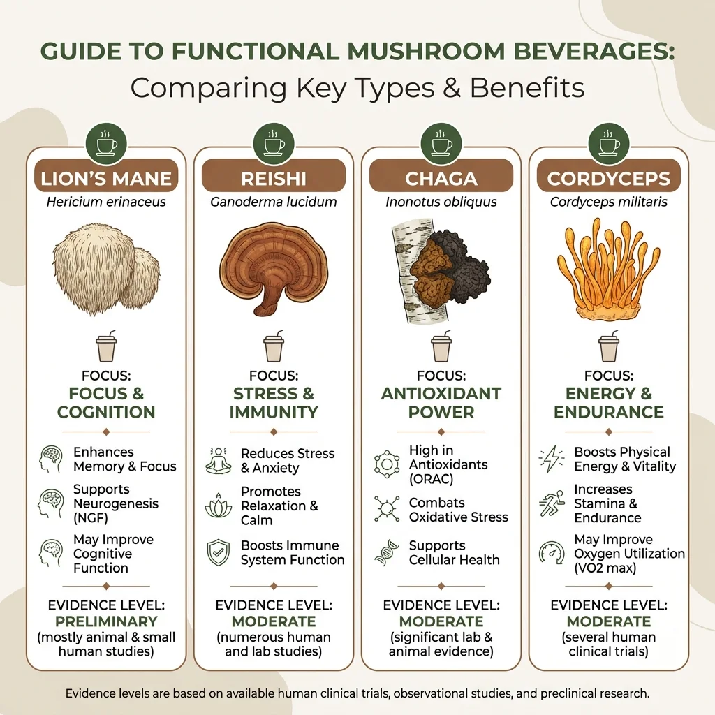 Infographic comparing four functional mushrooms used in beverages - lion's mane, reishi, chaga, and cordyceps - with their claimed benefits and evidence levels