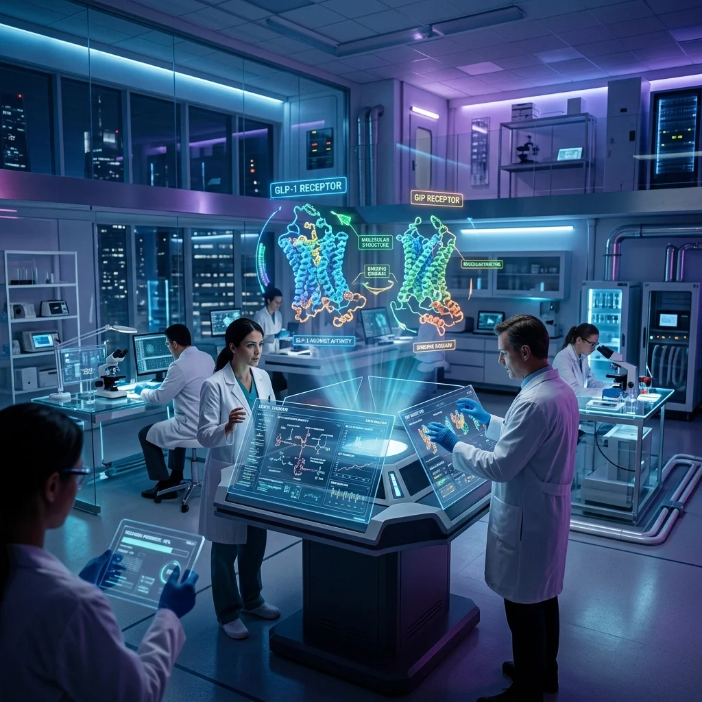 Medical research laboratory with advanced displays showing next-generation GLP-1 drug molecular analysis
