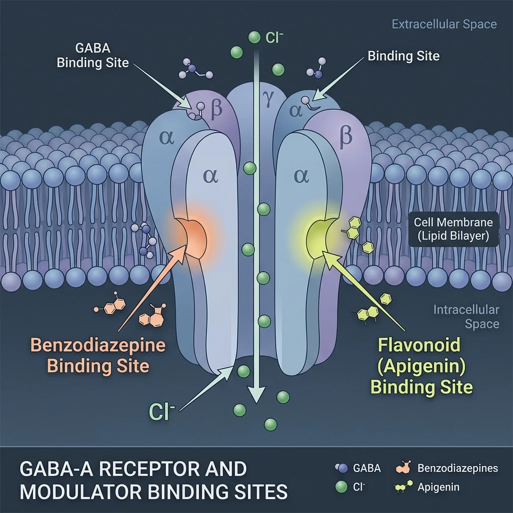 Illustration of a GABA-A receptor showing the distinct binding site where apigenin attaches compared to the benzodiazepine site