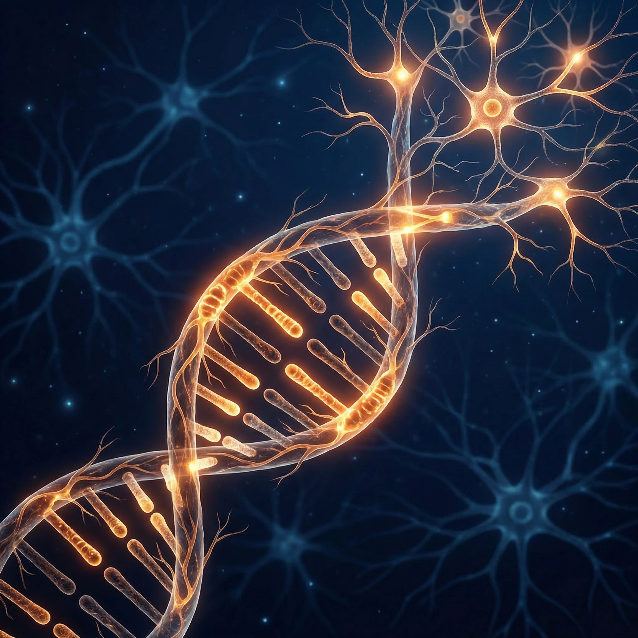 Double helix DNA strand with highlighted gene segments overlaid on a neural network background