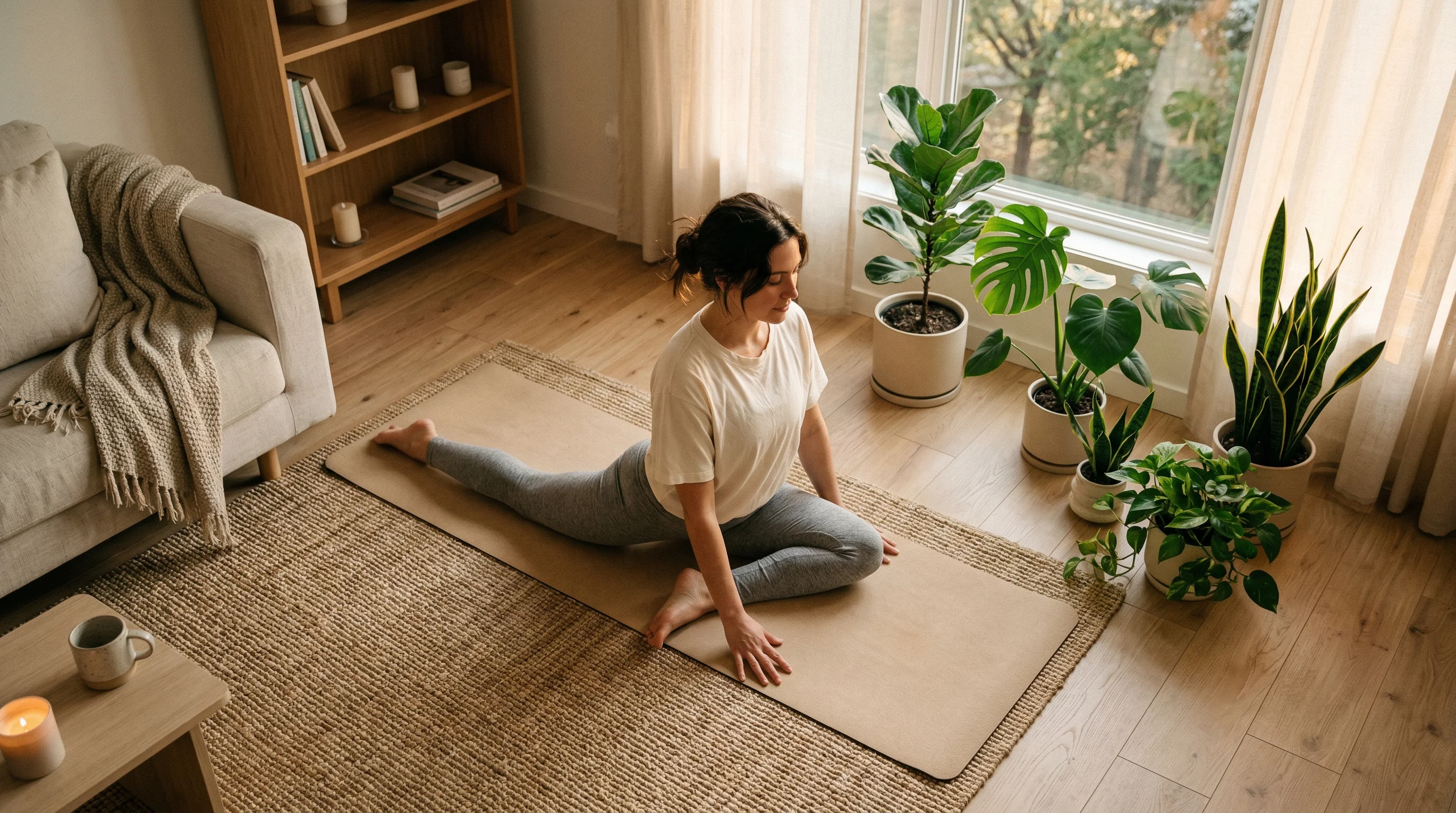 Person doing gentle floor yoga stretches at home during evening wind-down routine