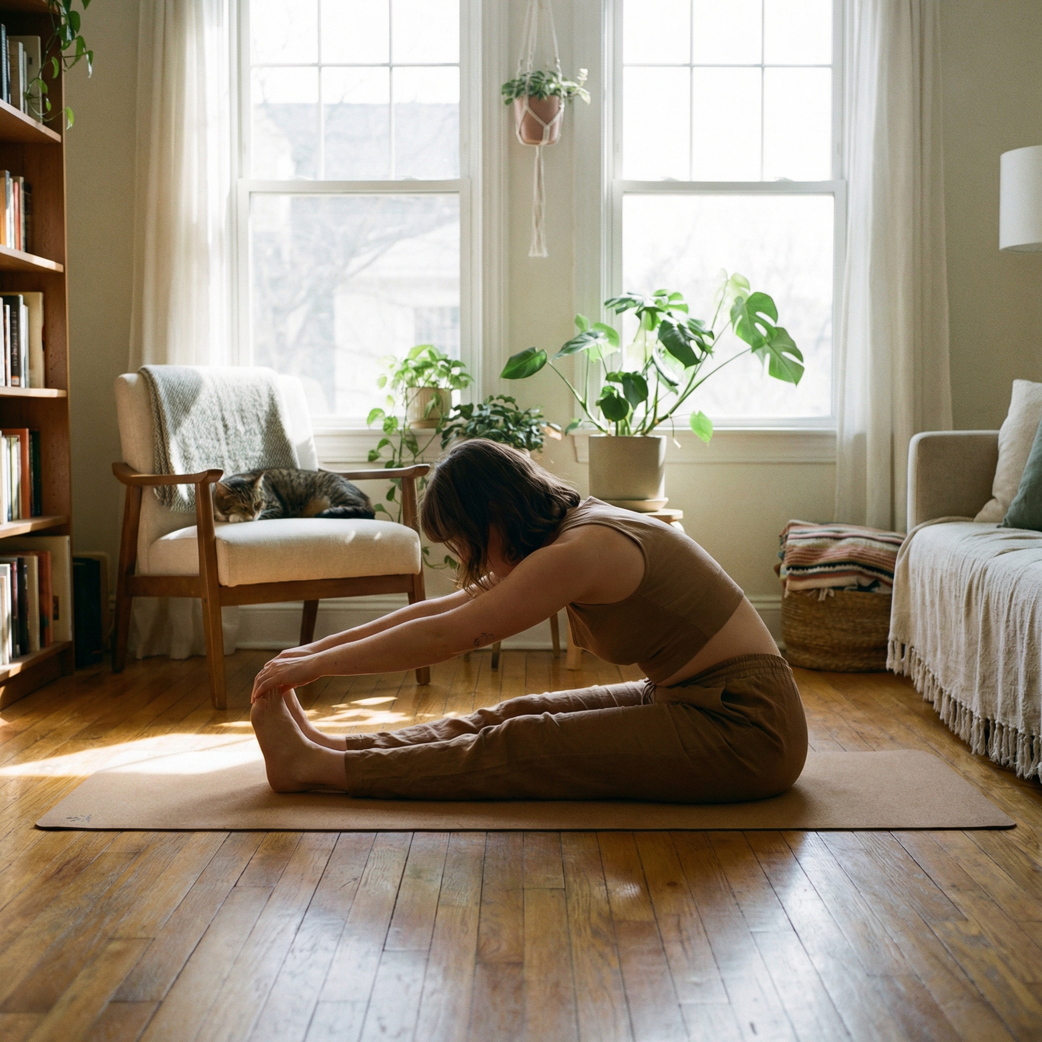 Person performing a gentle seated forward bend stretch in a bright calm living room