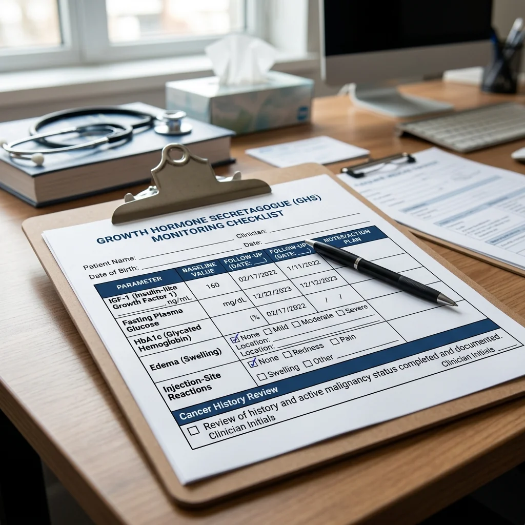 Checklist of monitoring markers for growth hormone secretagogue pauses