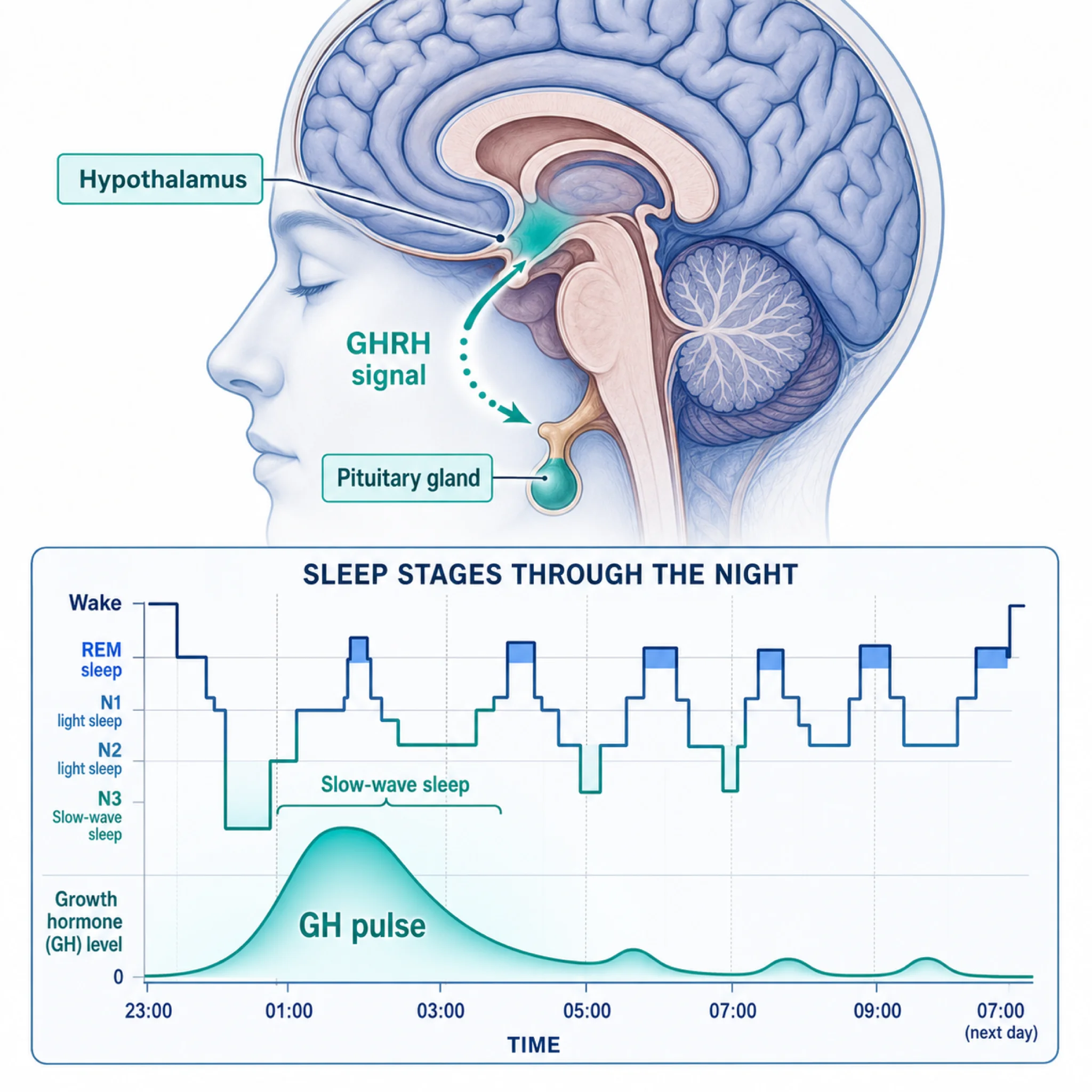 Diagram showing how growth hormone releasing hormone triggers both GH secretion and slow wave sleep during the night