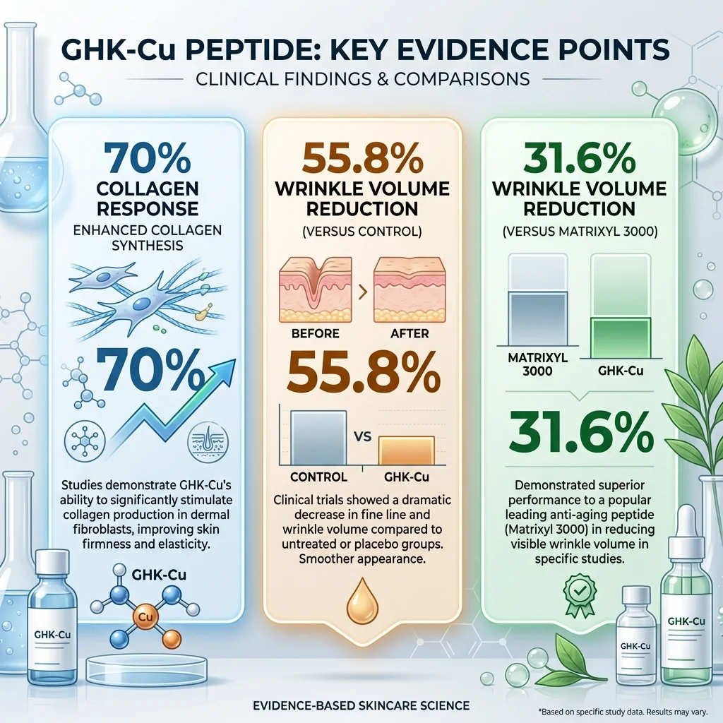 Infographic summarizing key GHK-Cu collagen and wrinkle findings