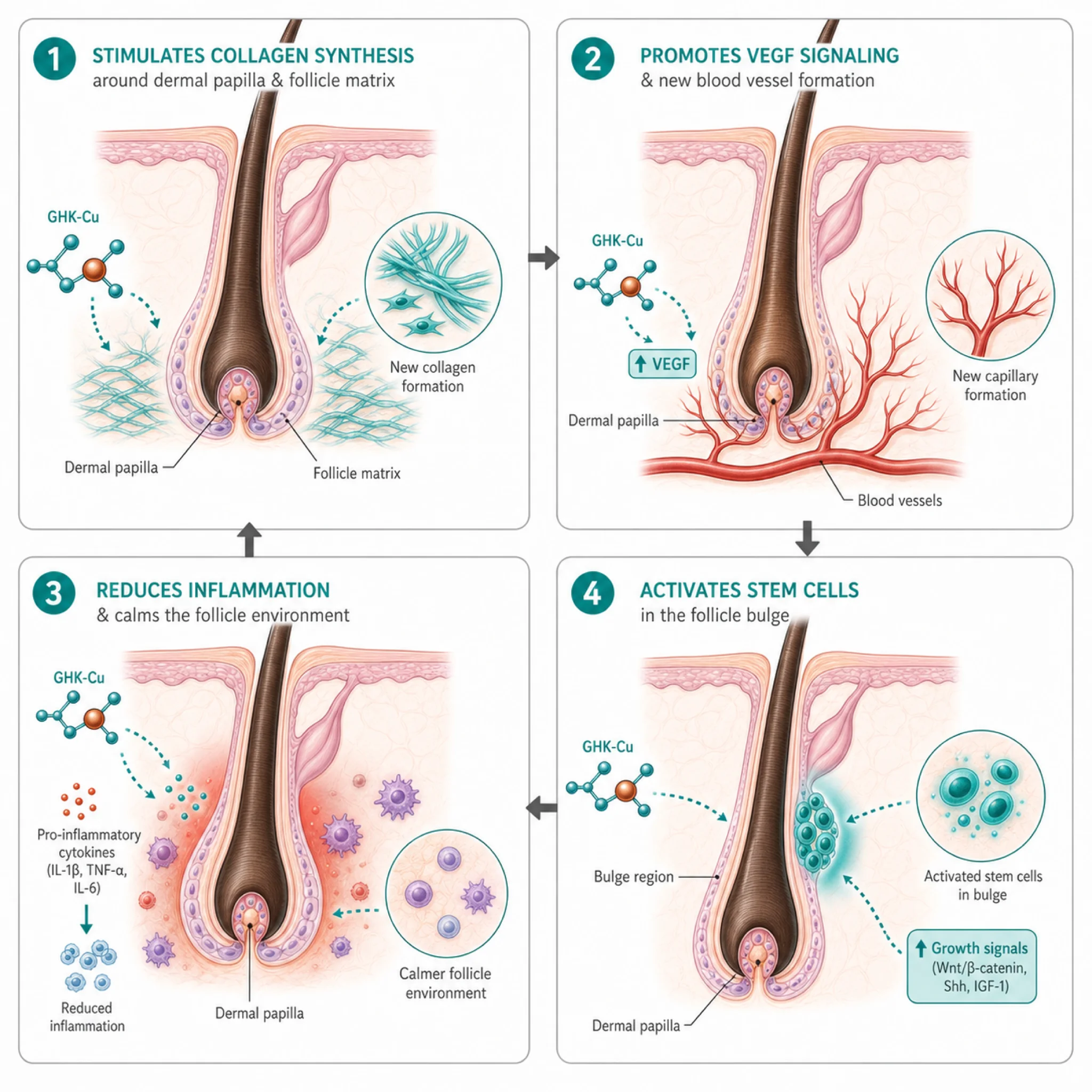 Infographic showing four mechanisms by which GHK-Cu peptide supports hair follicle health