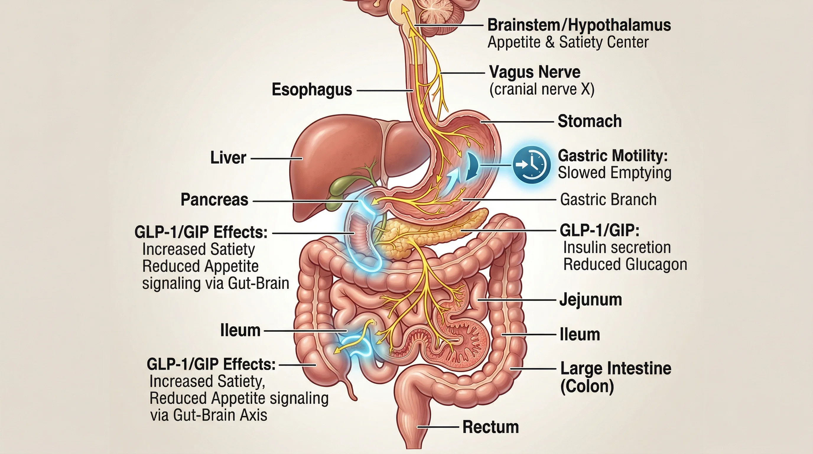 Digestive system illustration showing where tirzepatide and semaglutide affect gastrointestinal function