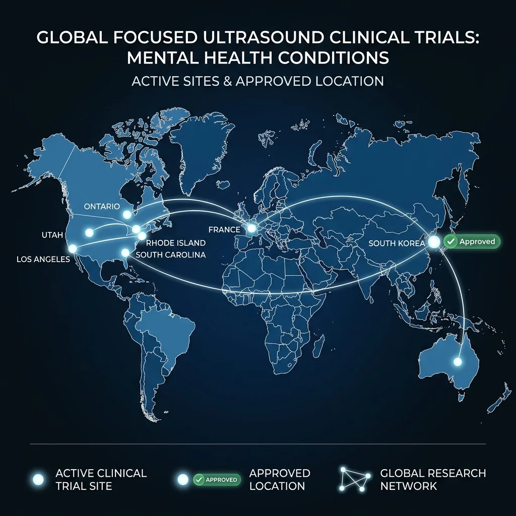 Map showing active focused ultrasound clinical trial sites for mental health across the United States, Canada, France, and South Korea