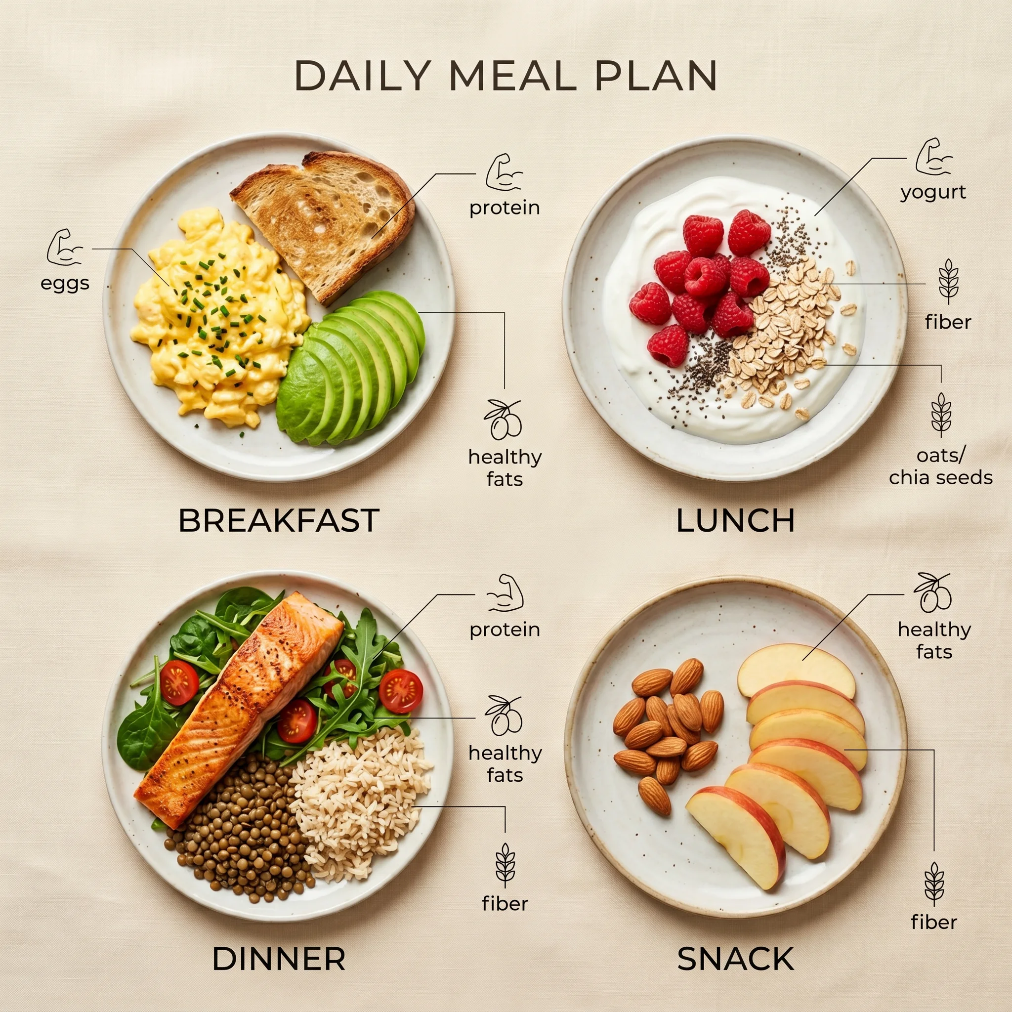 Infographic showing a sample GLP-1-boosting day of eating with breakfast, lunch, dinner, and snack