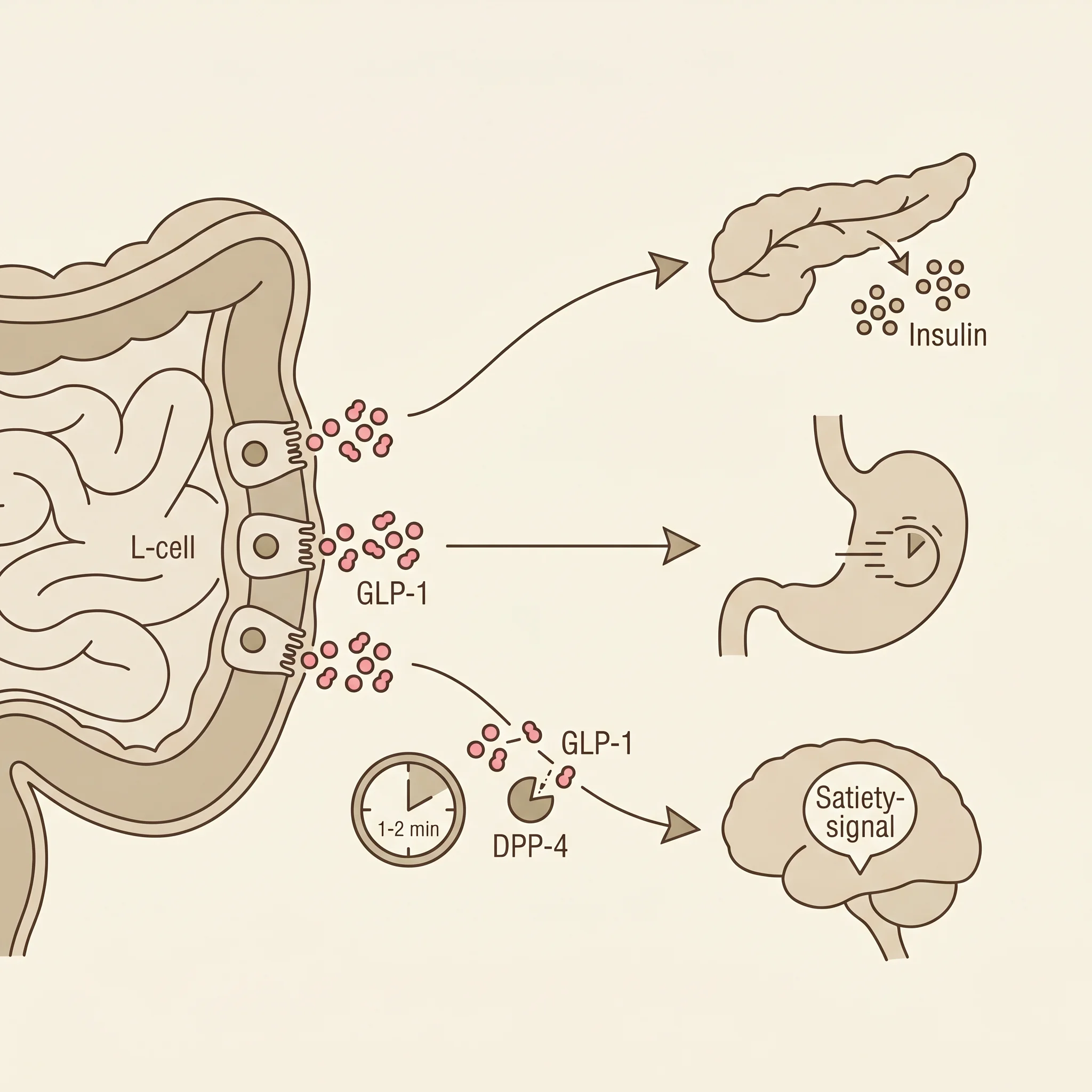 Infographic showing GLP-1 release from intestinal L-cells and its effects on pancreas, stomach, and brain