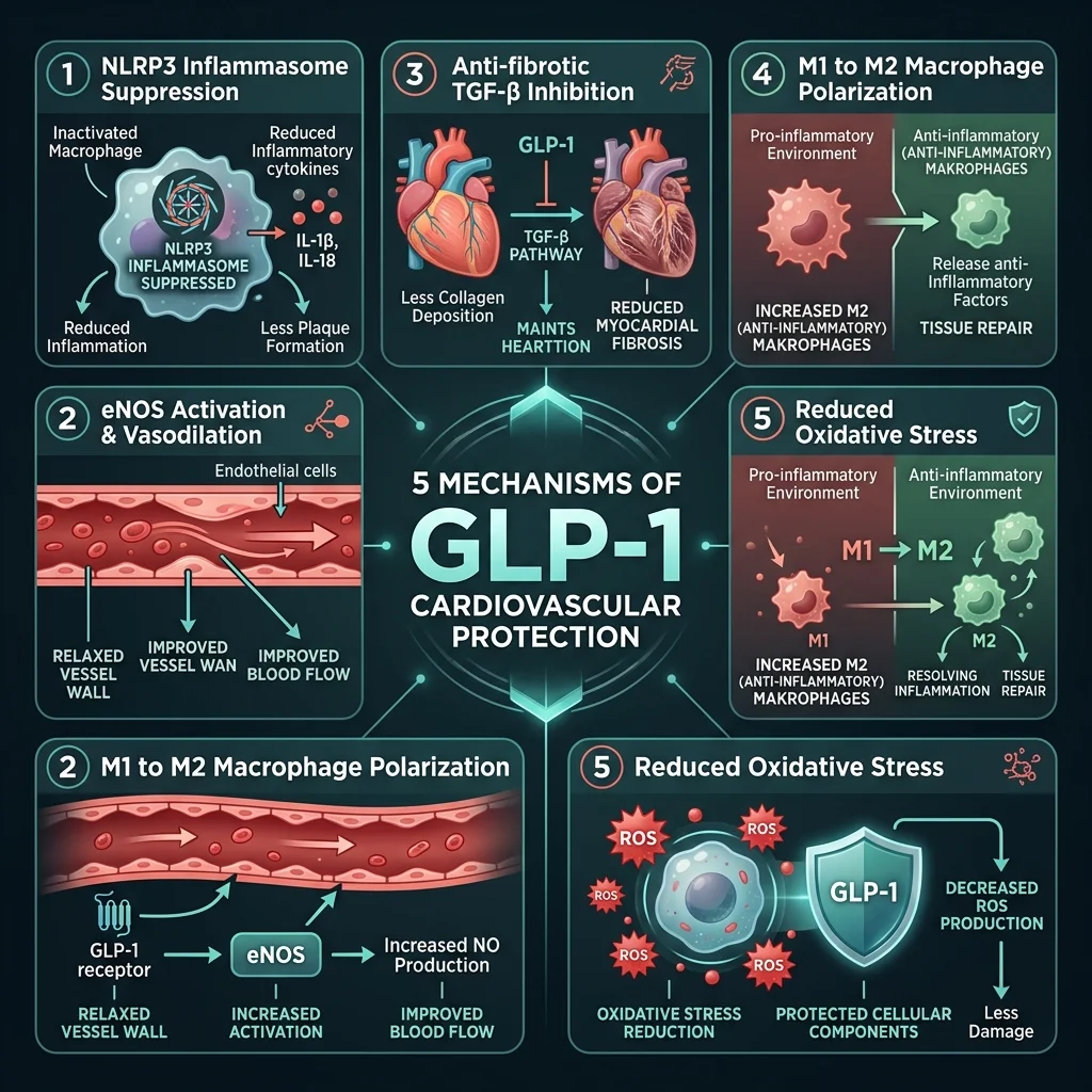 Infographic illustrating five mechanisms by which GLP-1 receptor agonists protect the cardiovascular system
