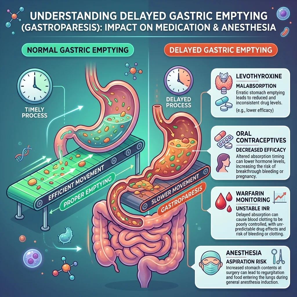 Infographic explaining how GLP-1 delayed gastric emptying can affect oral medicine timing