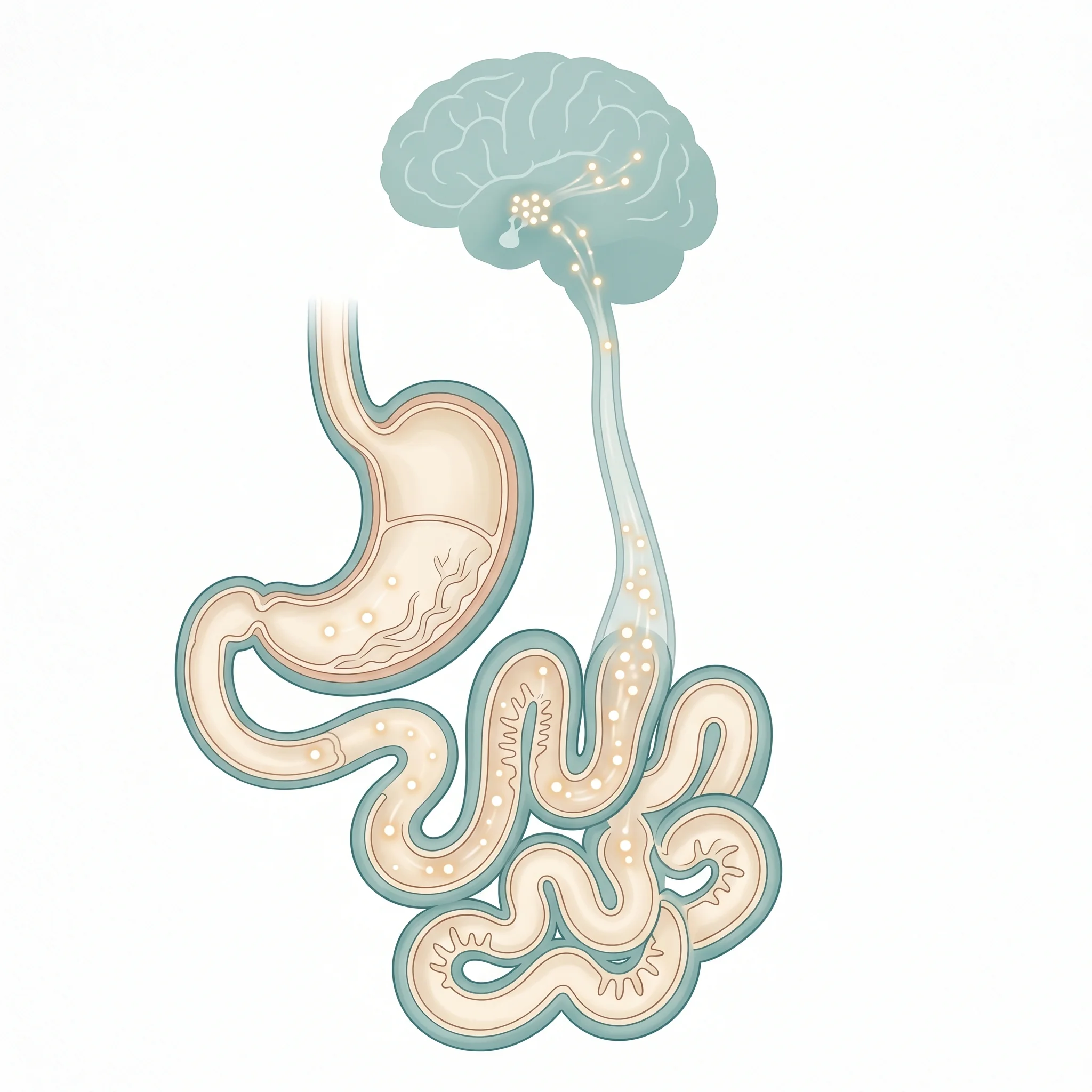 Anatomical illustration showing GLP-1 hormone signalling from gut to brain, the mechanism behind semaglutide and tirzepatide