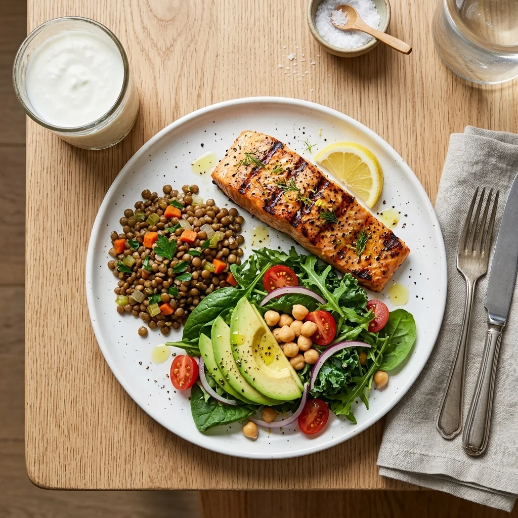 Balanced meal plate showing grilled salmon, leafy salad with avocado, legumes, and olive oil dressing