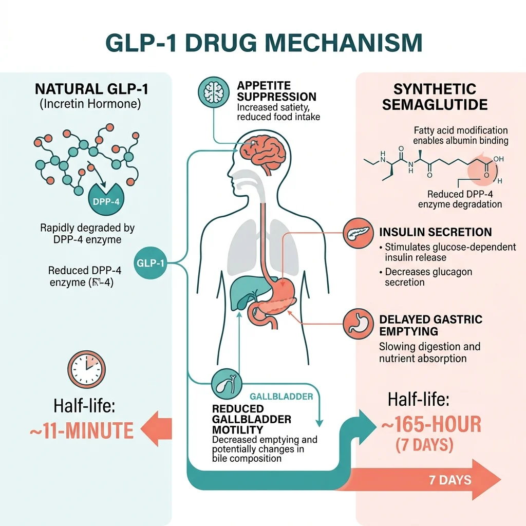 Infographic comparing natural GLP-1 hormone lasting 11 minutes versus synthetic semaglutide lasting 165 hours, showing effects on brain, pancreas, stomach, and gallbladder