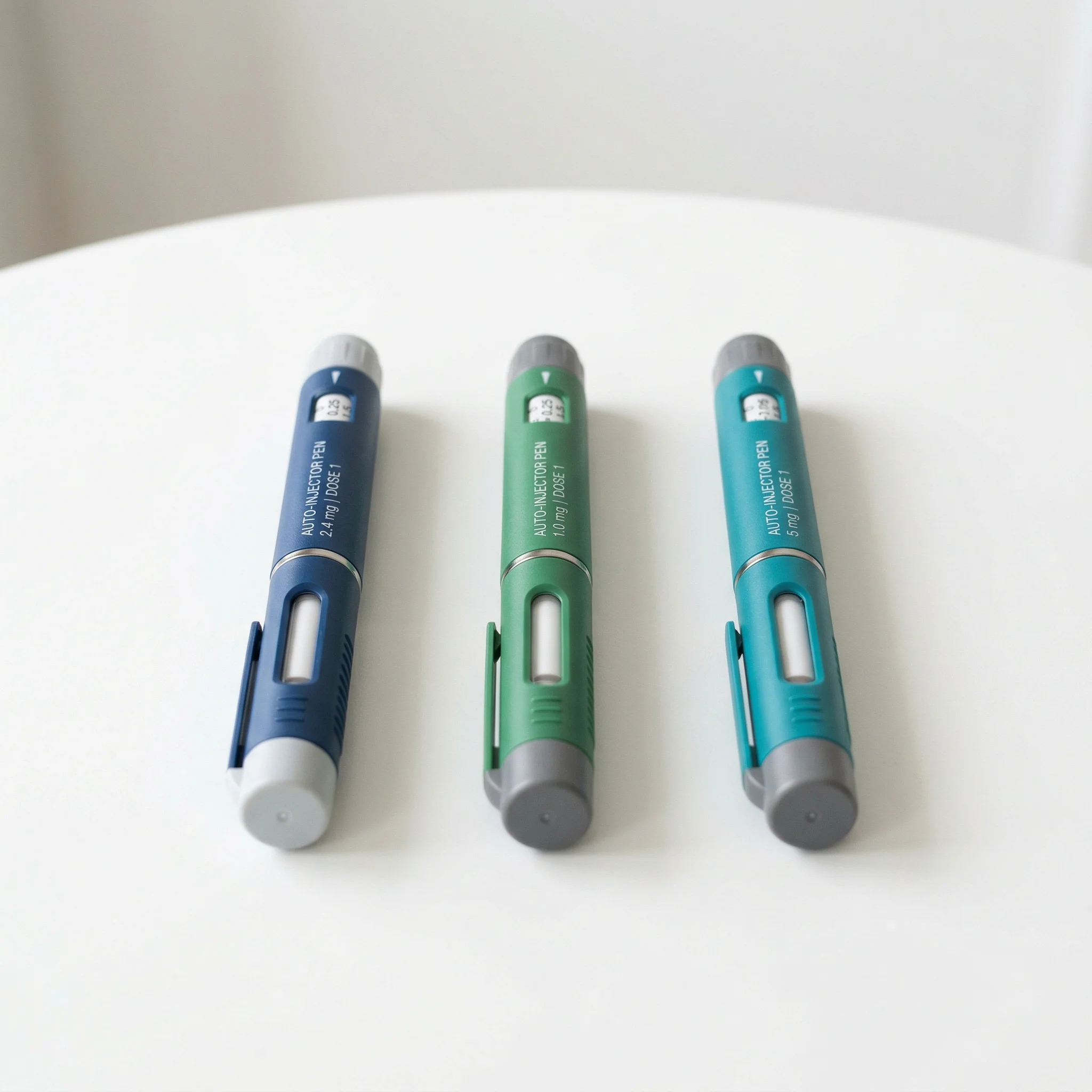 Three GLP-1 medication auto-injector pens representing different drugs with varying body composition profiles
