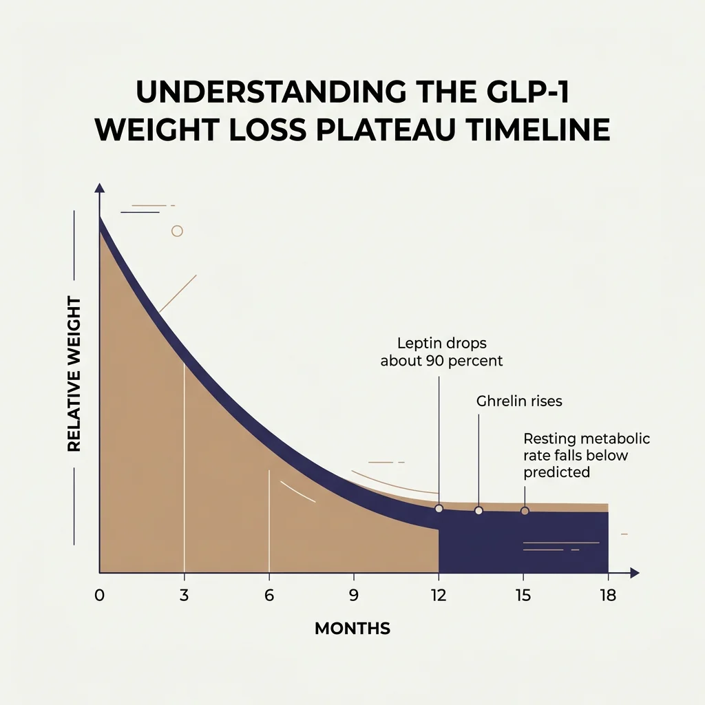 Infographic showing the typical weight-loss curve on a GLP-1 medication, with hormonal callouts marking how leptin falls, ghrelin rises, and resting metabolic rate drops below predicted levels at the plateau.