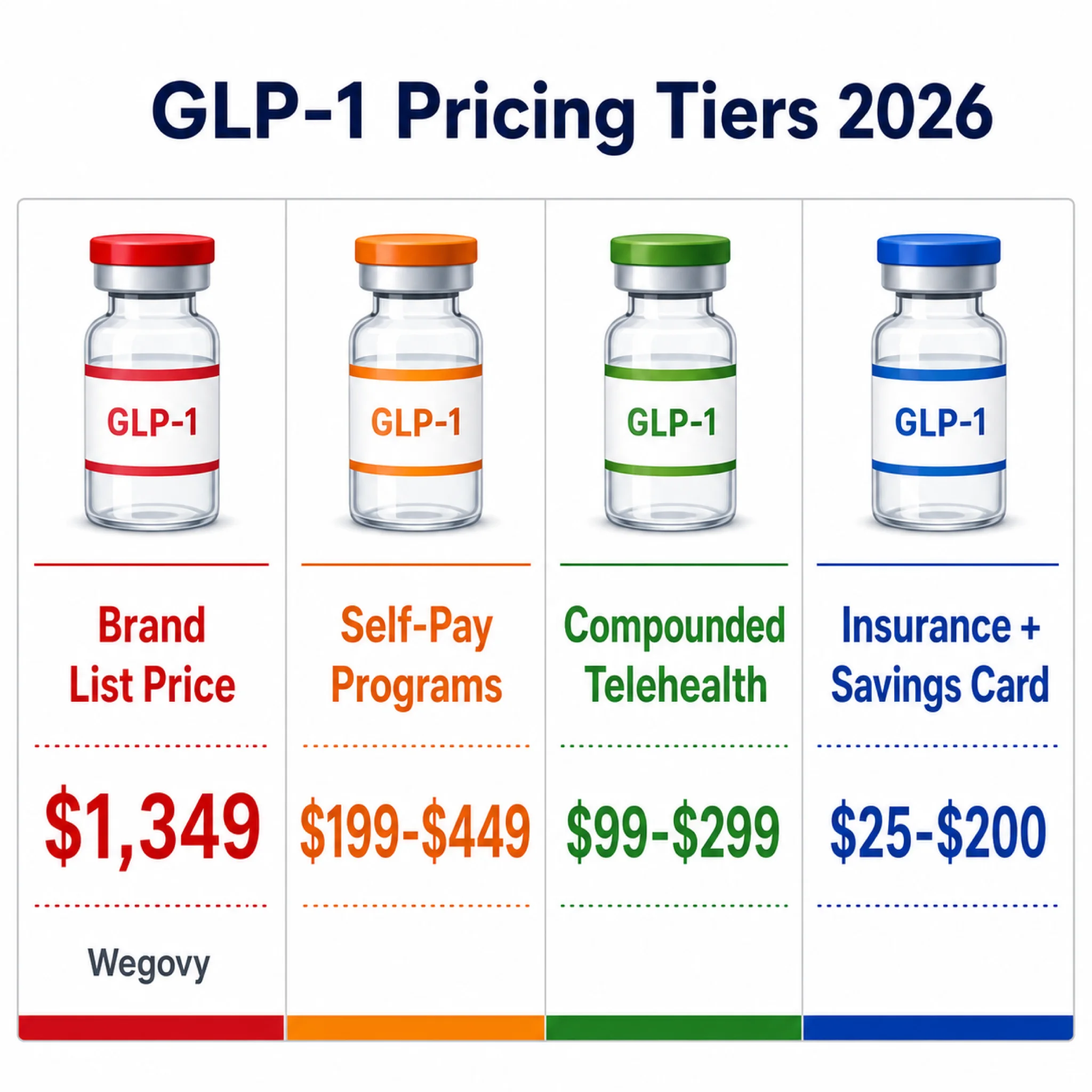 Comparison infographic showing GLP-1 peptide pricing across four payment tiers from brand list price to insurance coverage