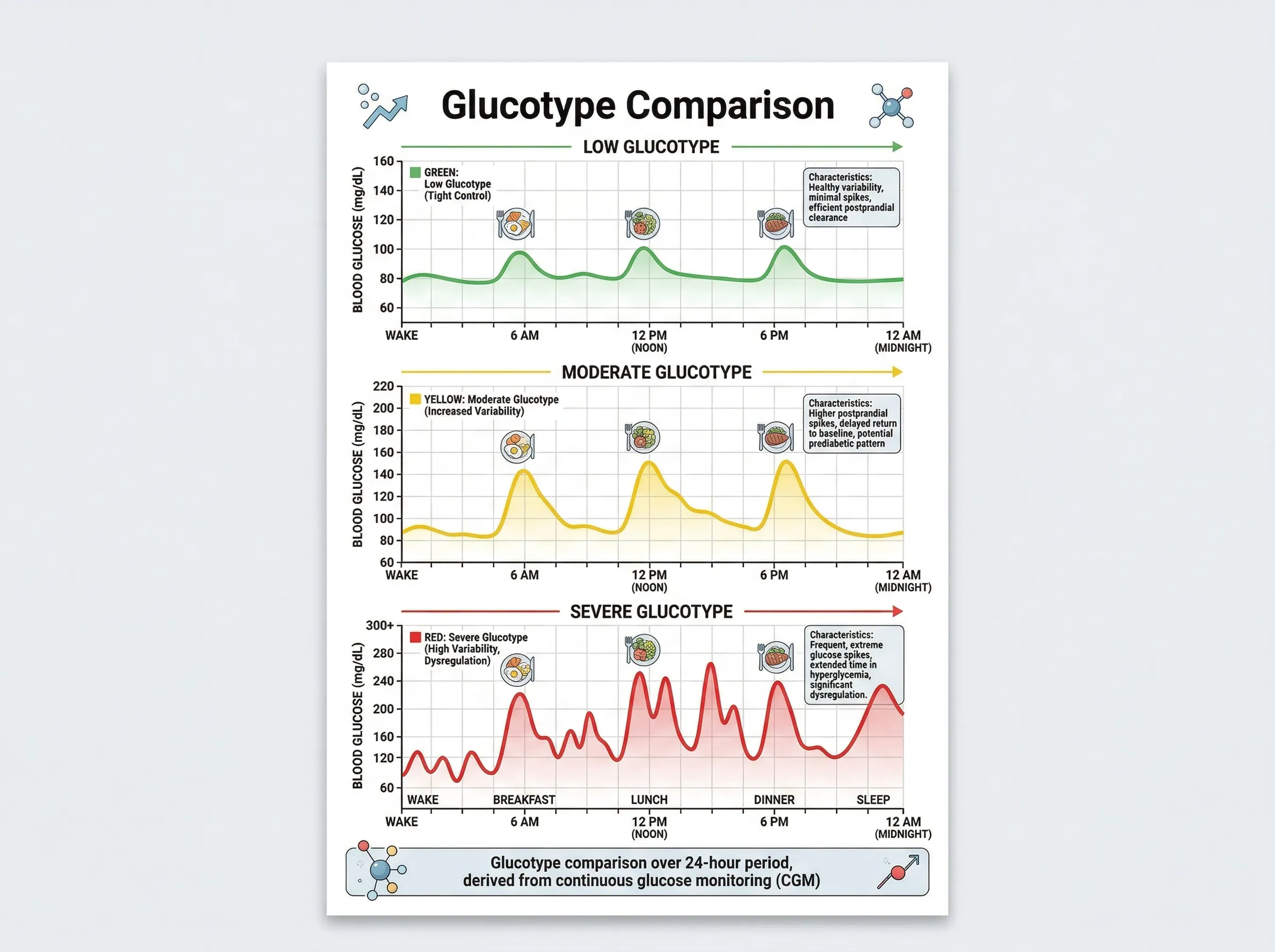 Comparison chart showing glucose patterns across low, moderate, and severe glucotypes over a 24-hour period