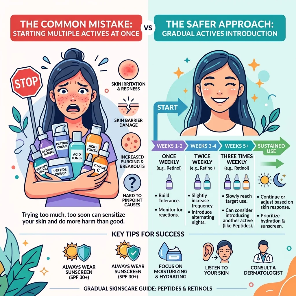 Infographic contrasting aggressive active layering with a gradual retinol schedule