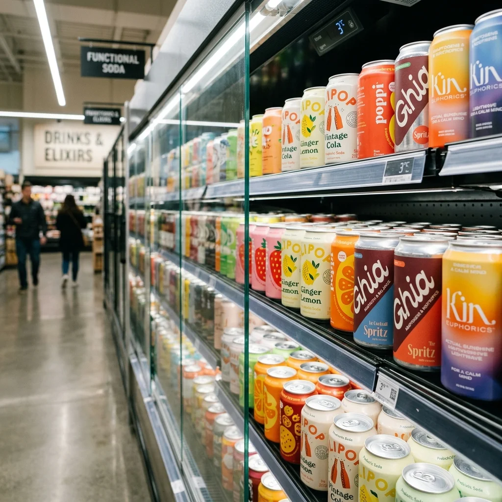Grocery store refrigerator shelf stocked with colorful functional beverage cans featuring clean label designs