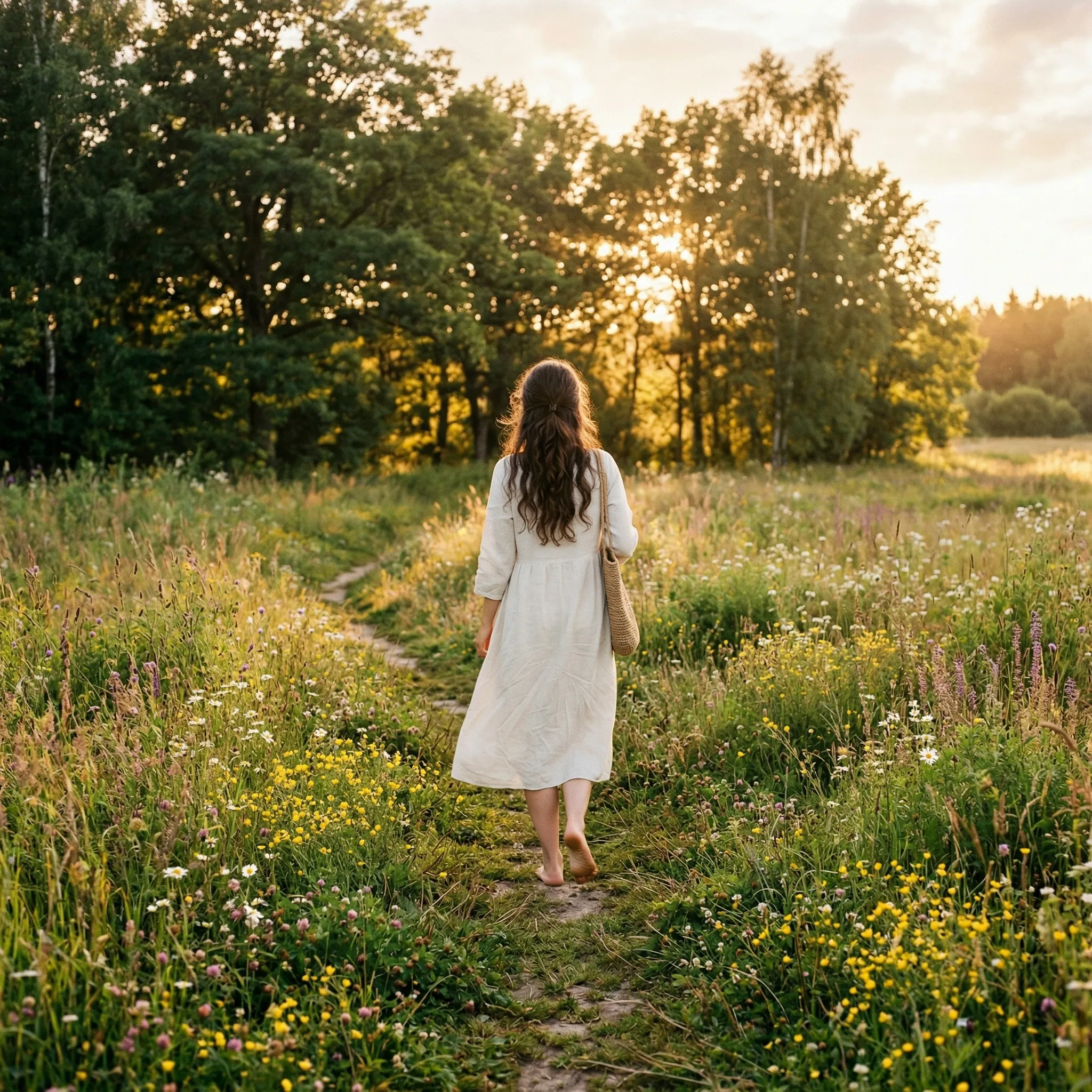 Person walking barefoot through a sunlit meadow with wildflowers
