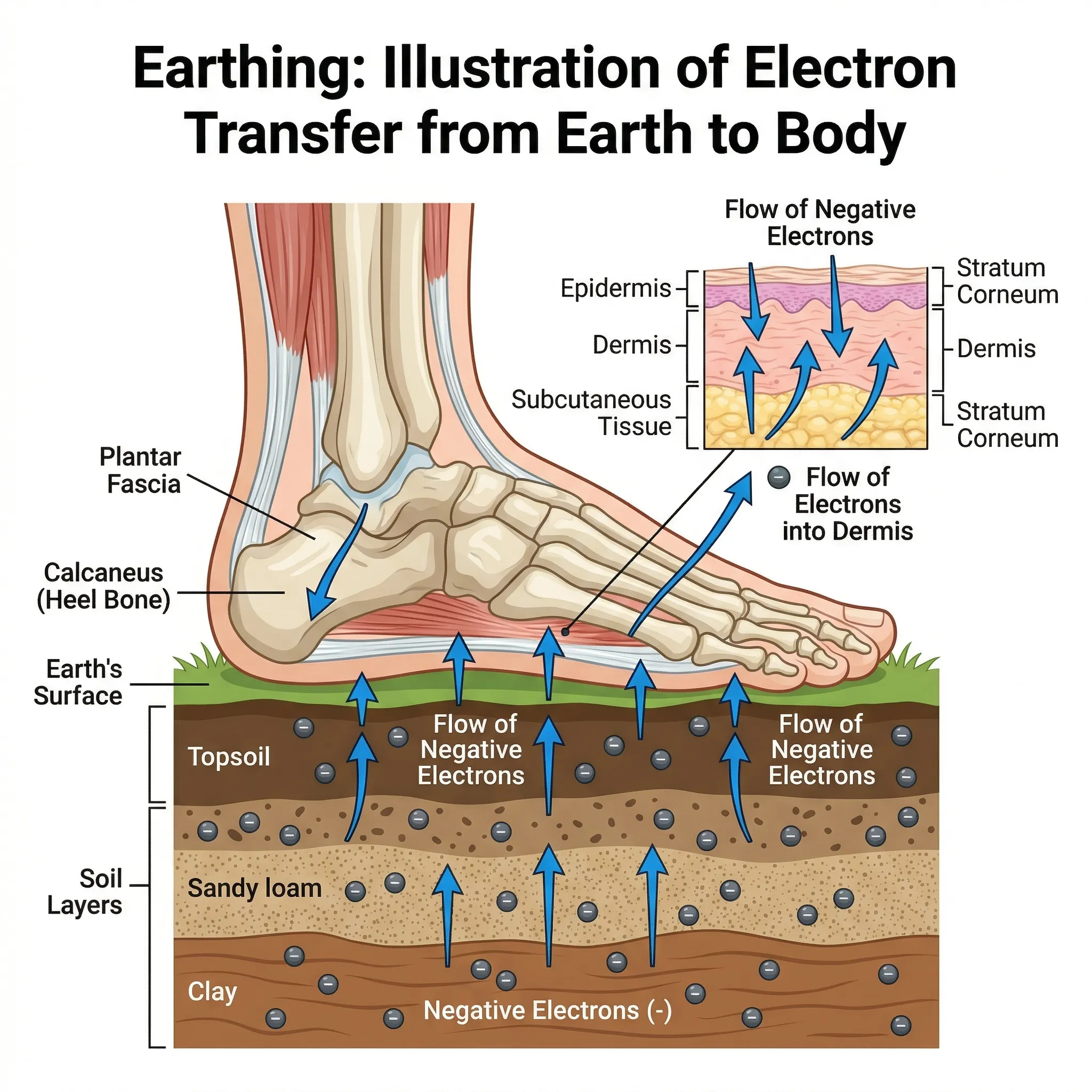 Diagram showing electron flow from earth surface through bare feet into the human body