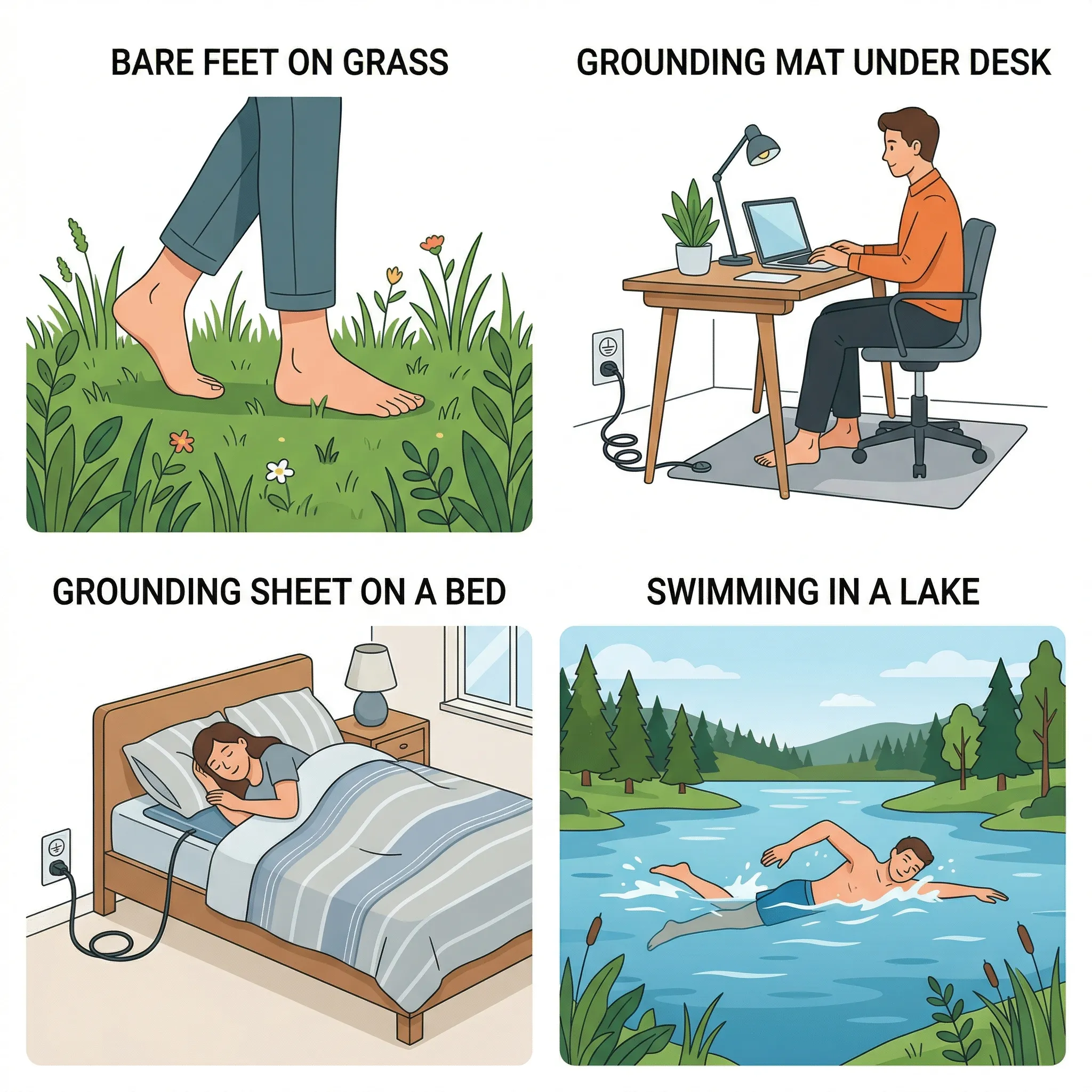 Side-by-side comparison of different grounding methods including barefoot walking and indoor mats
