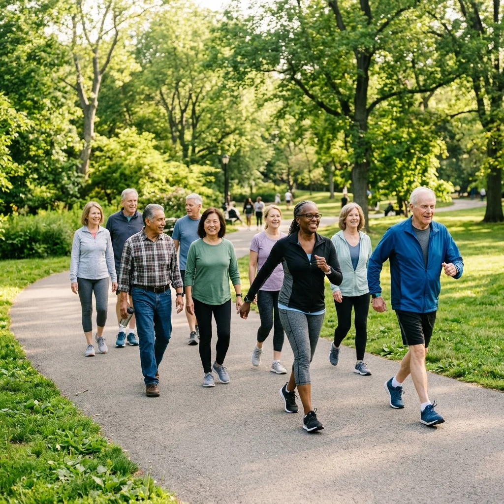 Group of older adults practicing interval walking together in a park