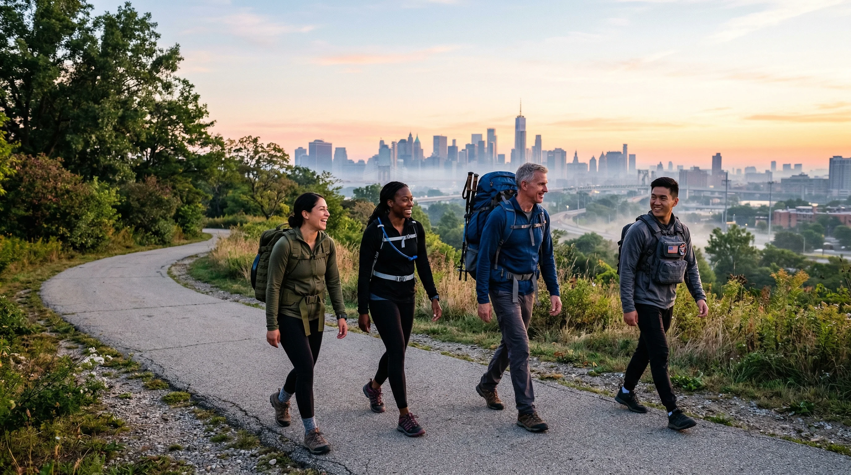 A group of four people of different ages rucking together on an urban trail at sunrise