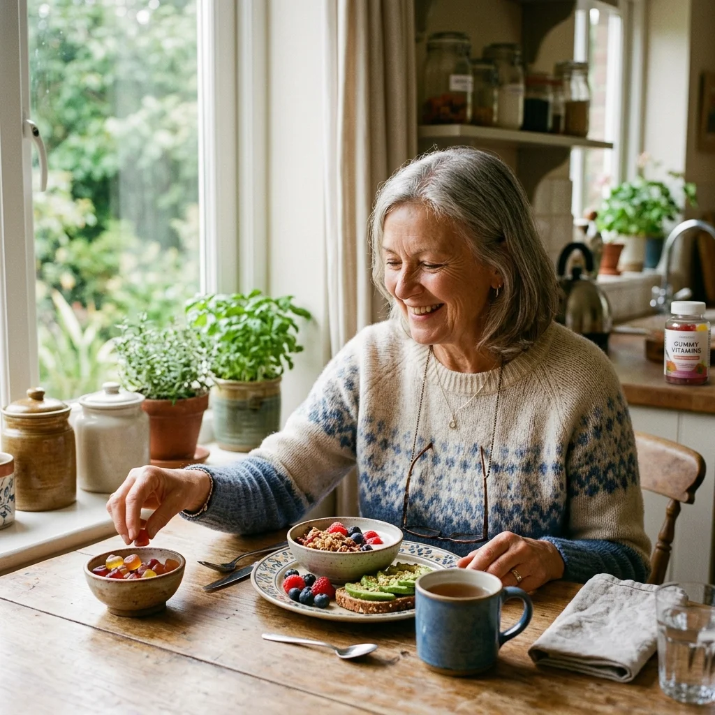 Older adult taking a gummy vitamin supplement at breakfast
