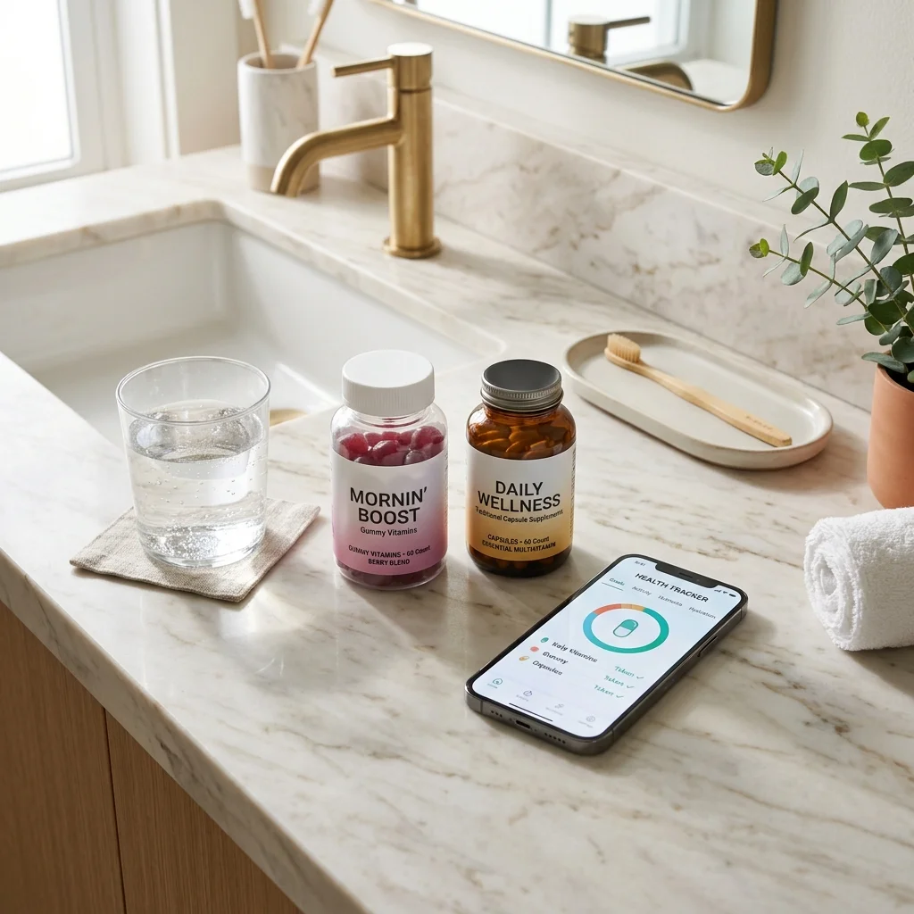 Gummy vitamin bottle and traditional capsule supplement bottle on a bathroom counter in morning light