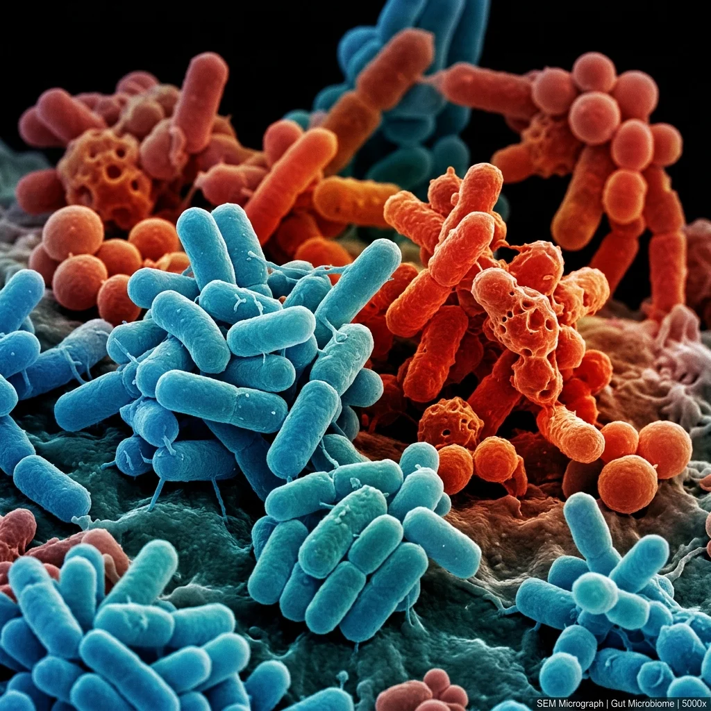 Microscopic view of diverse gut bacteria colonies representing the balance between histamine-producing and beneficial intestinal microbes