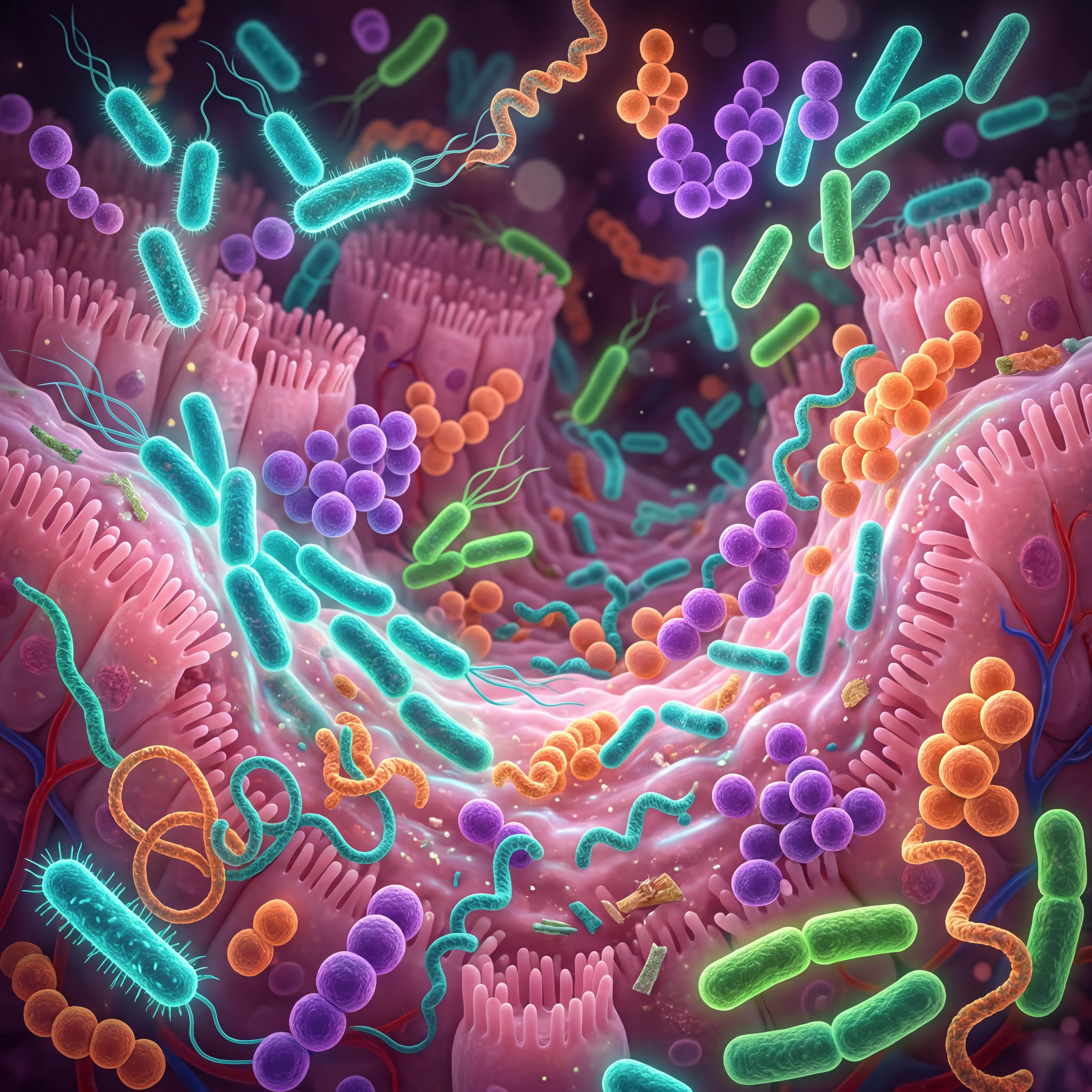 Microscopic view of diverse gut bacteria species in a colorful intestinal environment