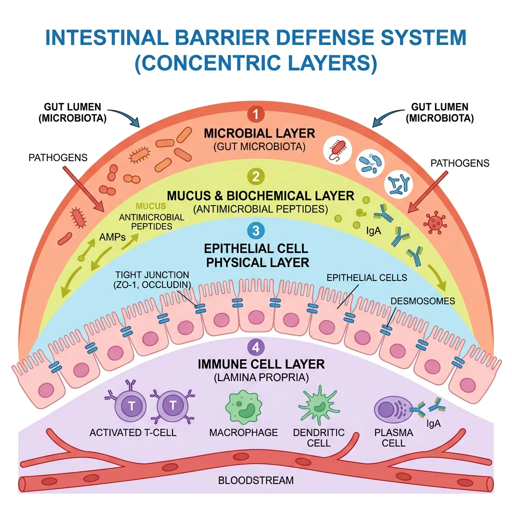 Infographic showing the four layers of intestinal barrier defense including microbial biochemical physical and immune components