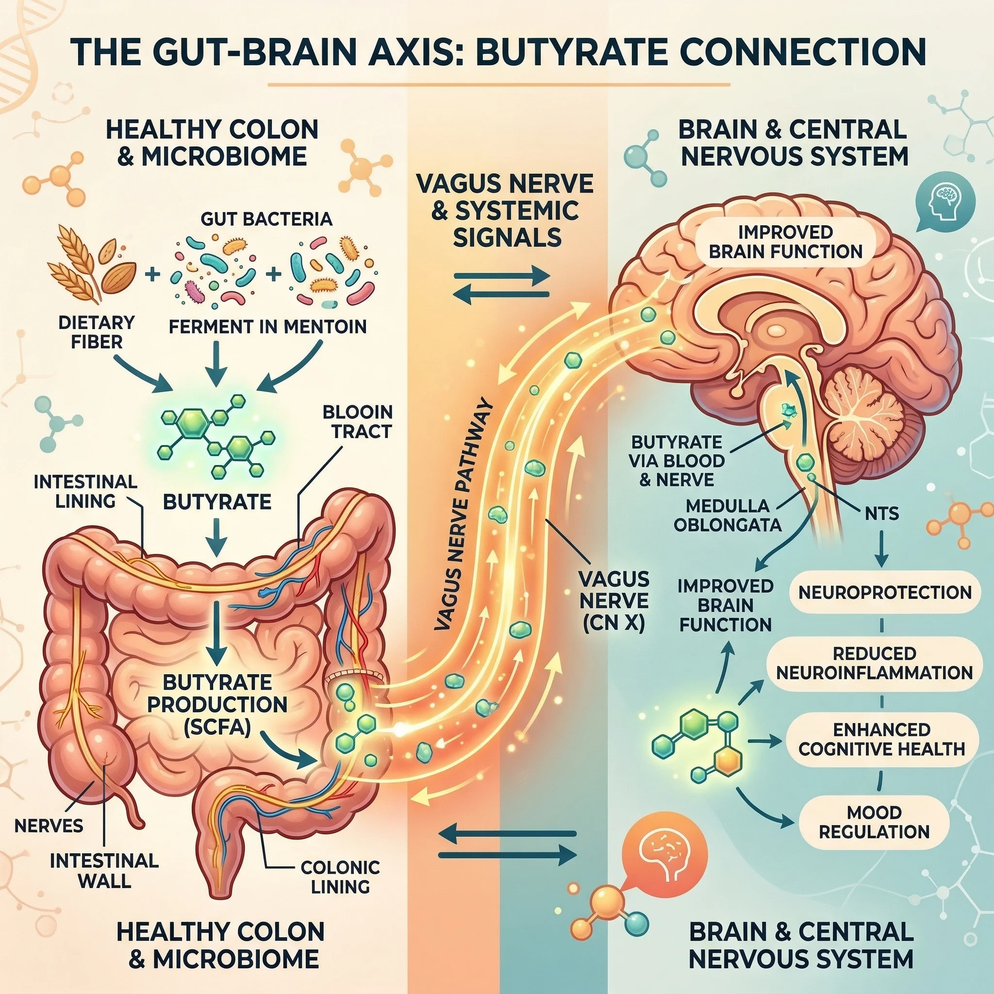 Infographic illustrating butyrate traveling from the colon through the vagus nerve and bloodstream to reach brain tissue