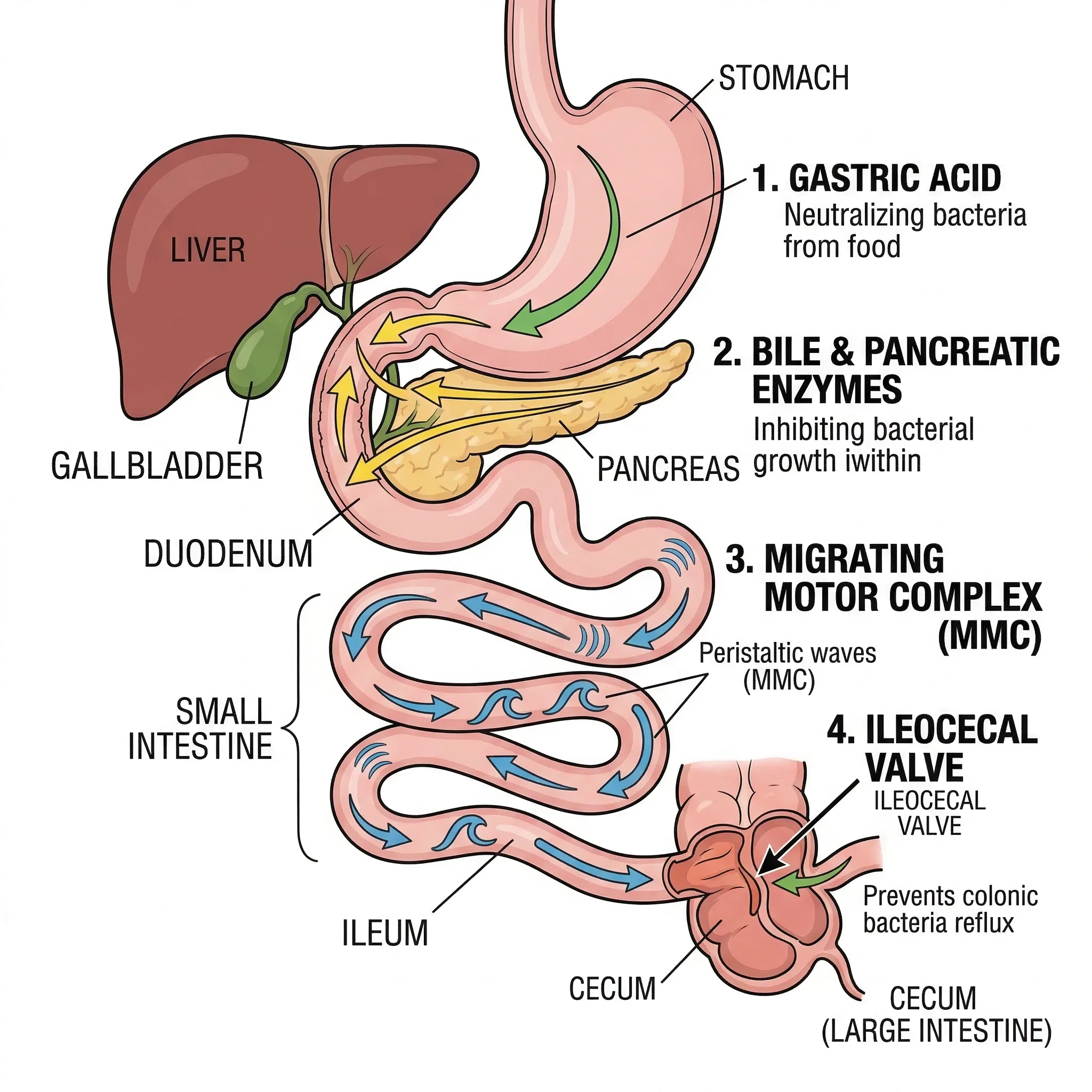 Diagram showing stomach acid, bile, MMC waves, and ileocecal valve protecting the small intestine