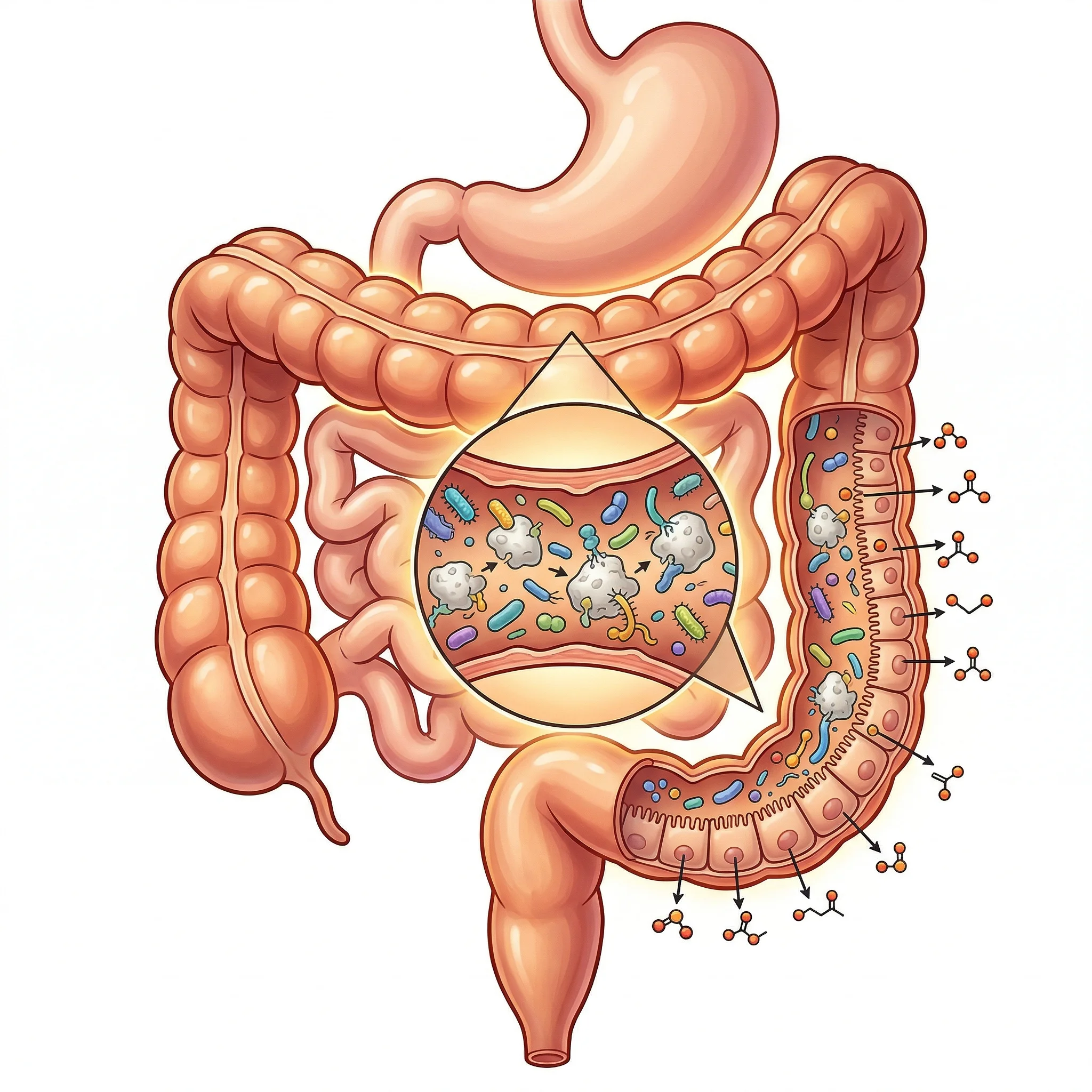 Diagram illustrating how resistant starch travels to the colon and is fermented by bacteria into short-chain fatty acids like butyrate