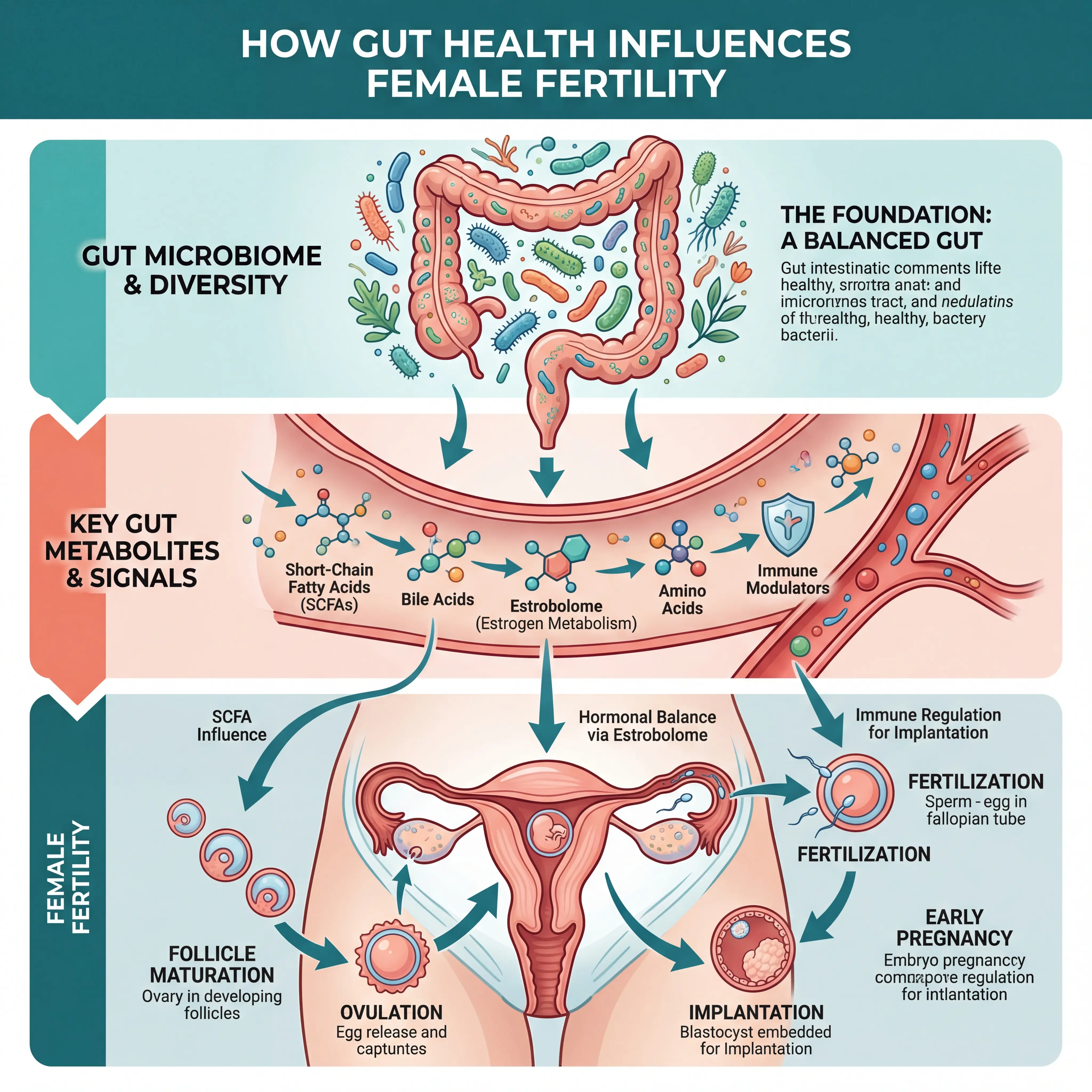 Infographic mapping how gut microbial metabolites influence follicle maturation, embryo implantation, and early pregnancy maintenance