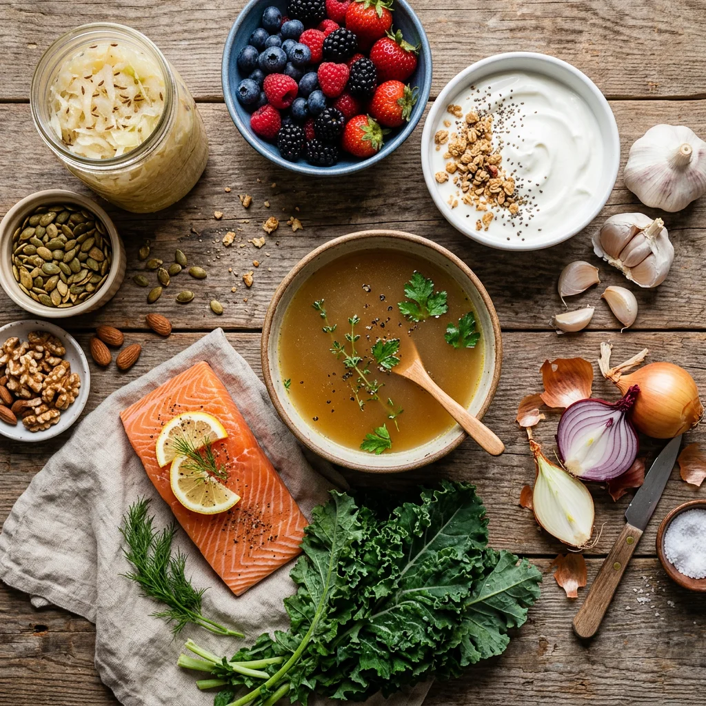 Colorful arrangement of gut-supportive foods including fermented vegetables bone broth leafy greens berries and fatty fish on a wooden surface