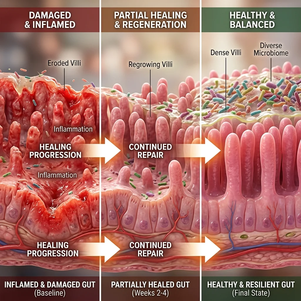 Visual timeline showing progressive gut microbiome changes over nine months of low-histamine dietary treatment from dysbiosis to balanced flora