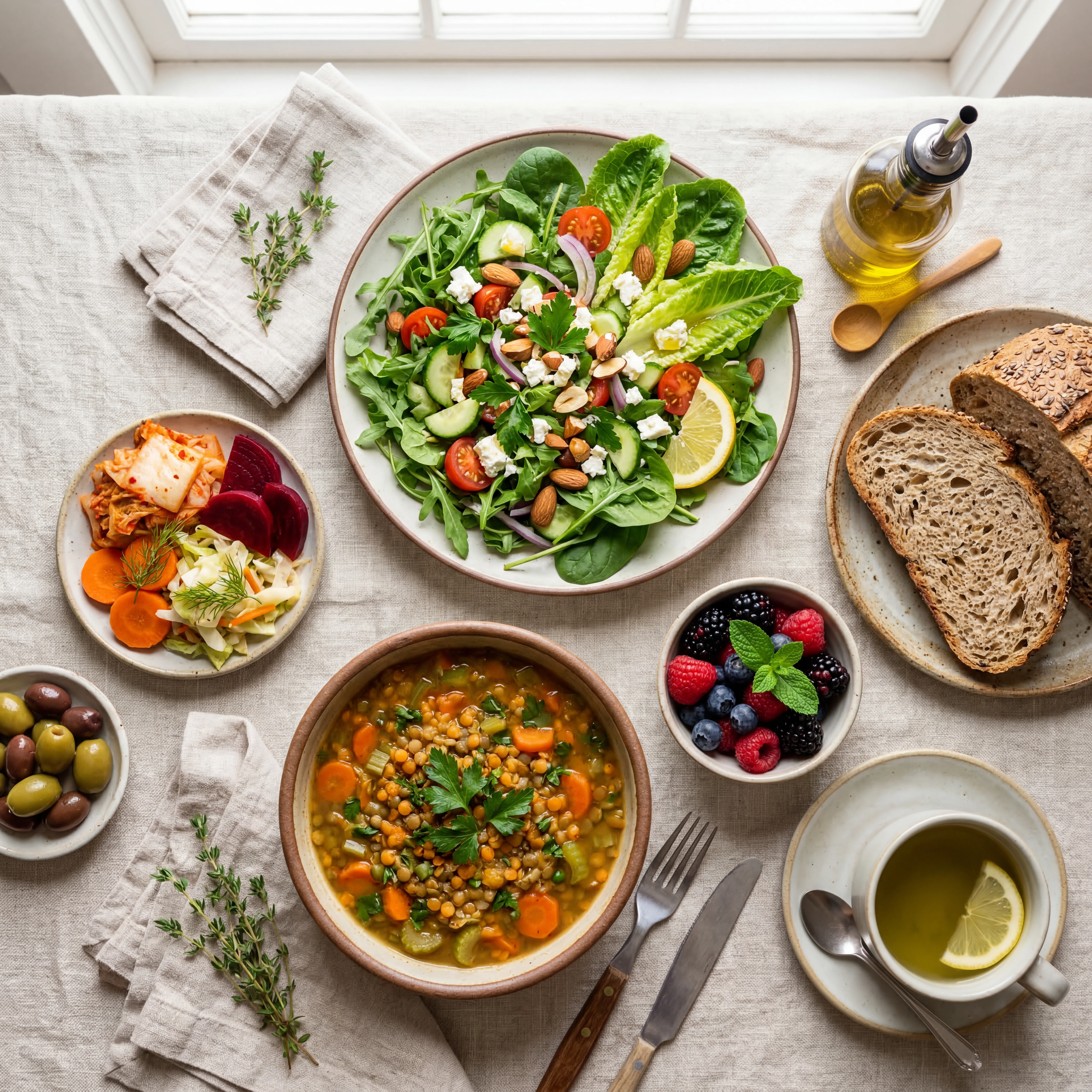 Overhead view of a Mediterranean-style meal spread featuring fermented foods, leafy greens, legumes, and whole grains