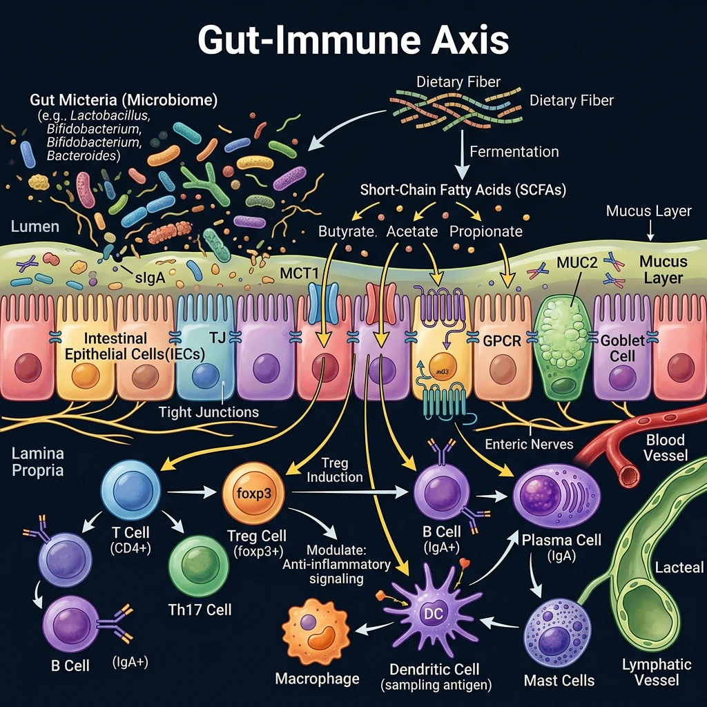 Visual showing the gut-immune axis with dietary fiber being fermented into short-chain fatty acids that activate immune cells in the intestinal wall