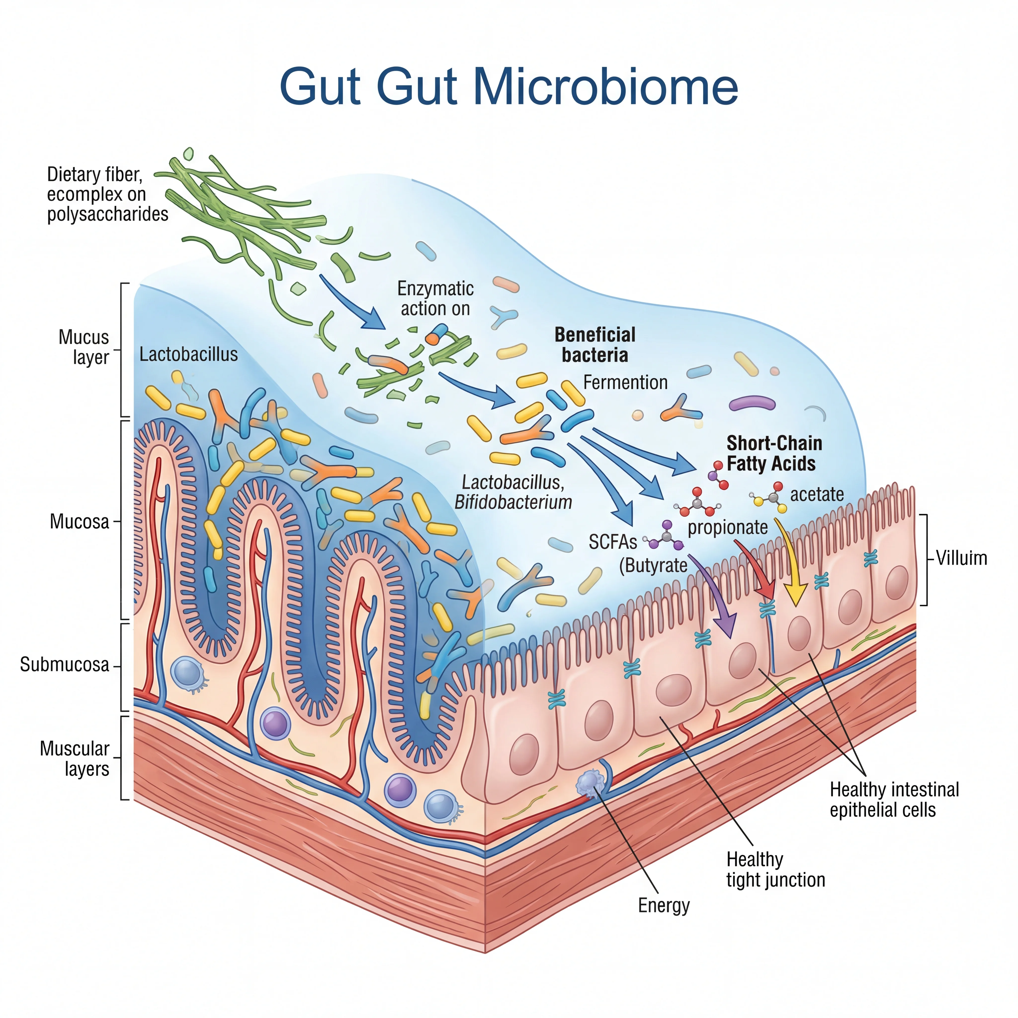 Infographic showing the gut microbiome ecosystem with bacteria, fiber, and short-chain fatty acid production