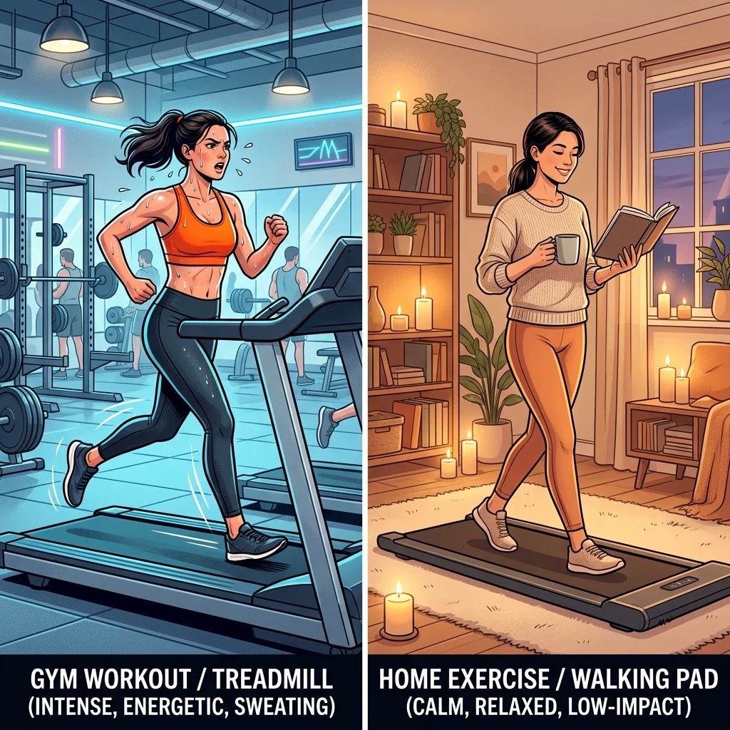 Side-by-side comparison of intense gym cardio versus relaxed home cozy cardio