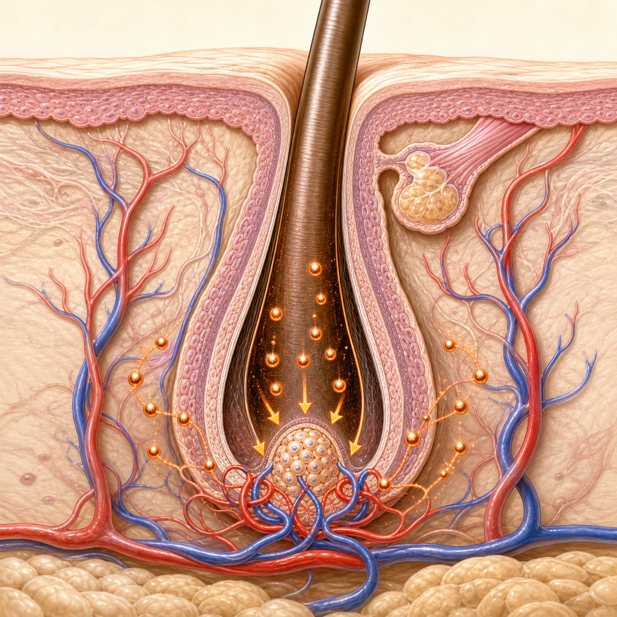 Cross-section of hair follicle showing dermal papilla cells and copper ion interaction