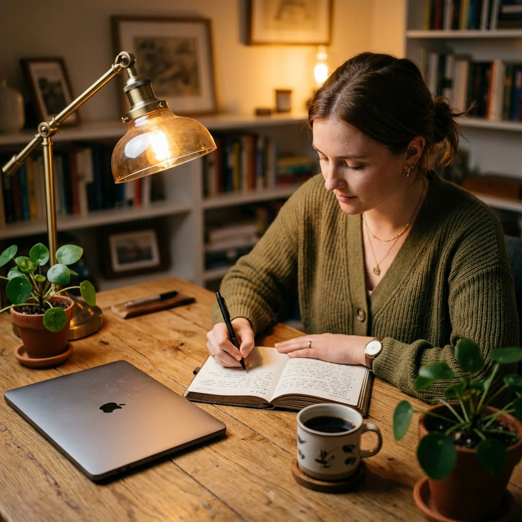 Person writing by hand in a notebook with a closed laptop pushed aside on a warmly lit desk
