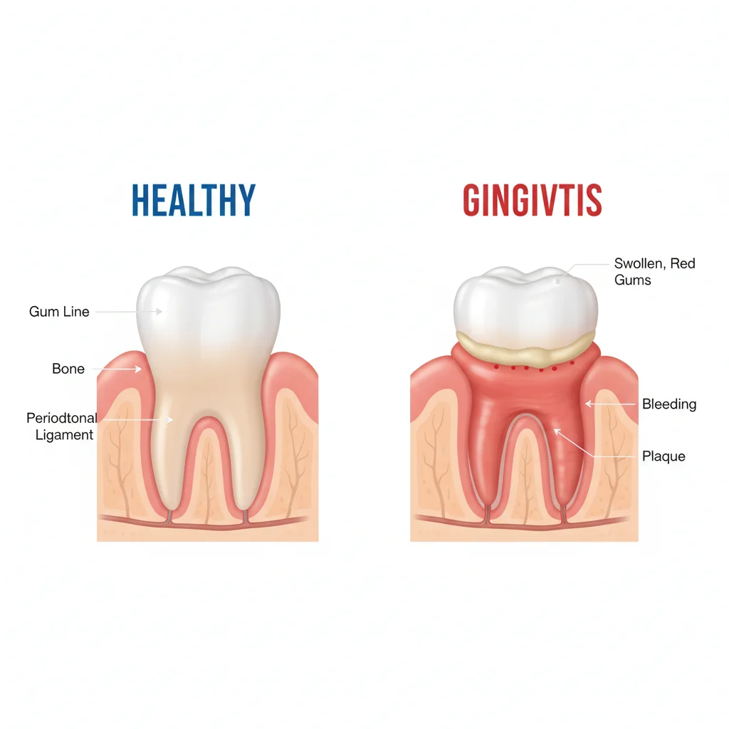 Side-by-side comparison infographic showing healthy pink gums versus inflamed red gums with labeled differences